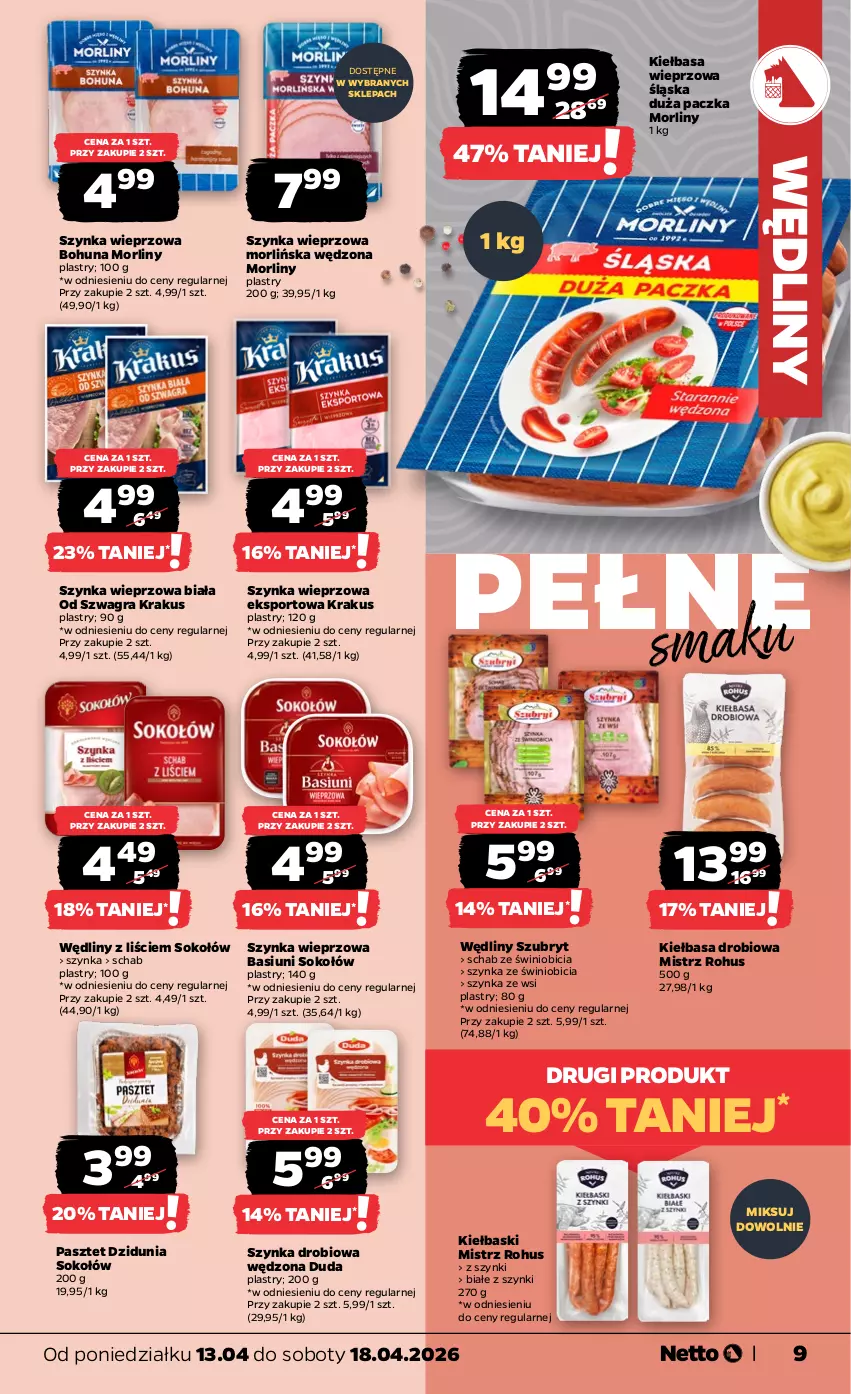 Gazetka promocyjna Netto - Od Poniedziałku - ważna 13.04 do 18.04.2026 - strona 9 - produkty: BIC, Duda, Gra, Kiełbasa, Krakus, Morliny, Pasztet, Por, Sok, Sokołów, Sport, Szubryt, Szynka, Szynka wieprzowa