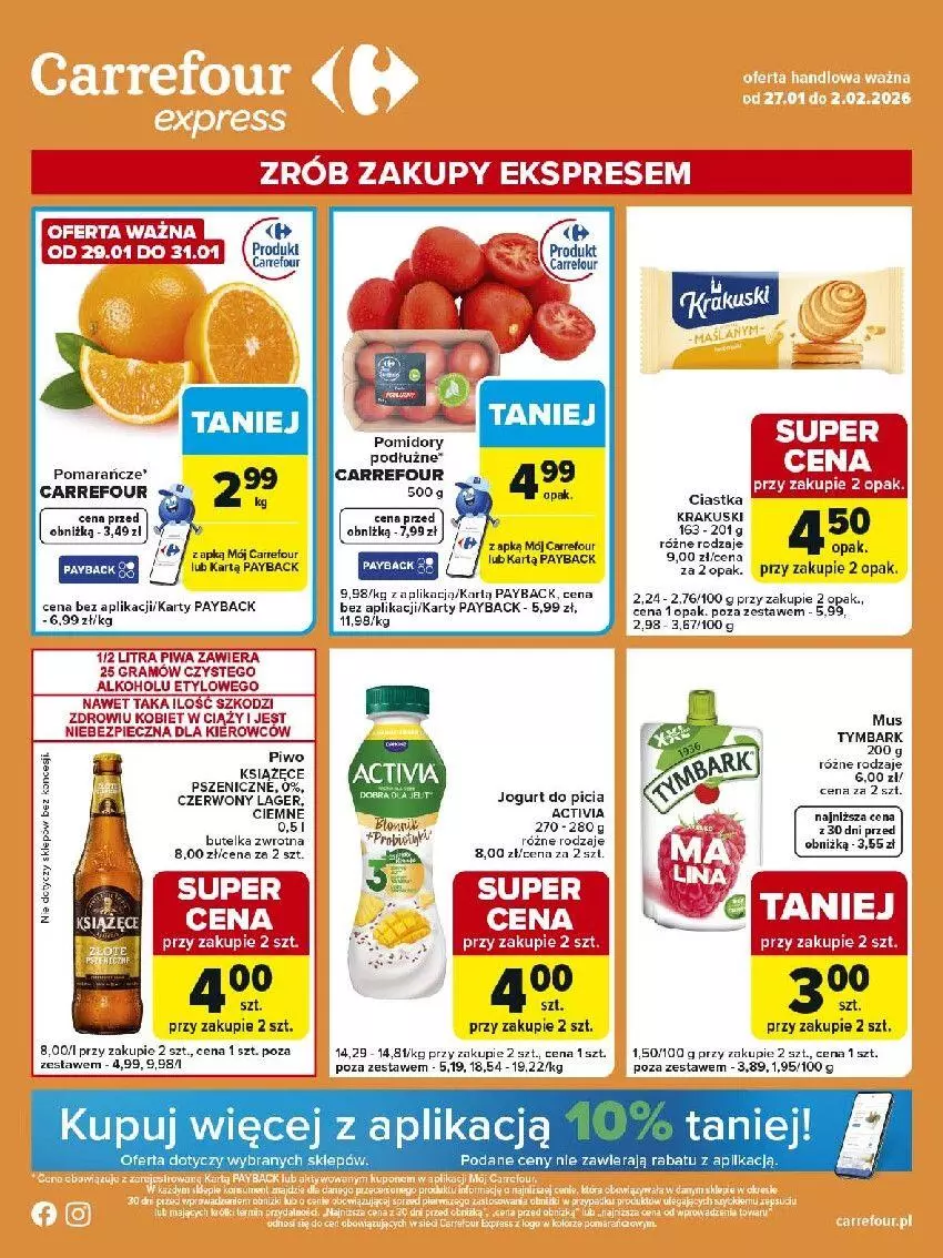 Gazetka promocyjna Carrefour - Gazetka Express - ważna 27.01 do 02.02.2026 - strona 1 - produkty: Ciastka, Fa, Gra, Jogurt, Krakus, Krakuski, Mus, Piec, Piwa, Piwo, Pomarańcze, Por, Tymbark