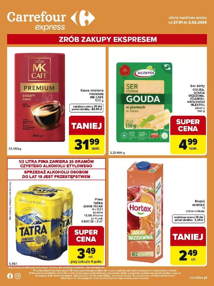 Gazetka promocyjna Carrefour - Gazetka Express - ważna 27.01 do 02.02.2026 - strona 2 - produkty: Edam, Gra, Kawa, Kawa mielona, Królewski, Napój, Piwa, Piwo, Ser, Tatra