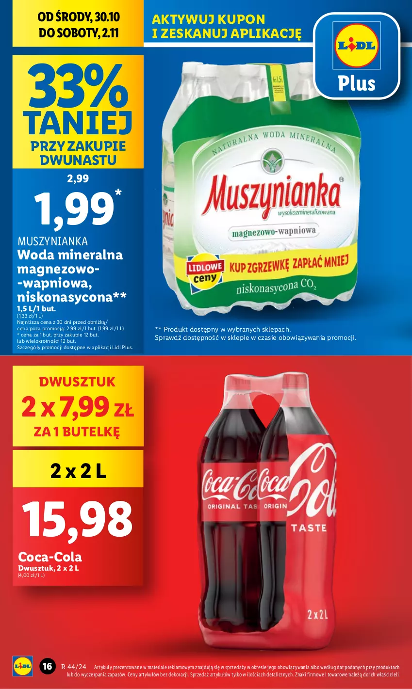 Gazetka promocyjna Lidl - GAZETKA - ważna 30.10 do 02.11.2024 - strona 16 - produkty: Coca-Cola, Magnez, Mus, Muszynianka, Woda, Woda mineralna