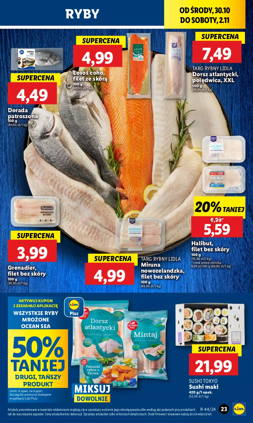 Gazetka promocyjna Lidl - GAZETKA - ważna 30.10 do 02.11.2024 - strona 29 - produkty: Dorsz, Grenadier, Halibut, Miruna, Polędwica, Sushi