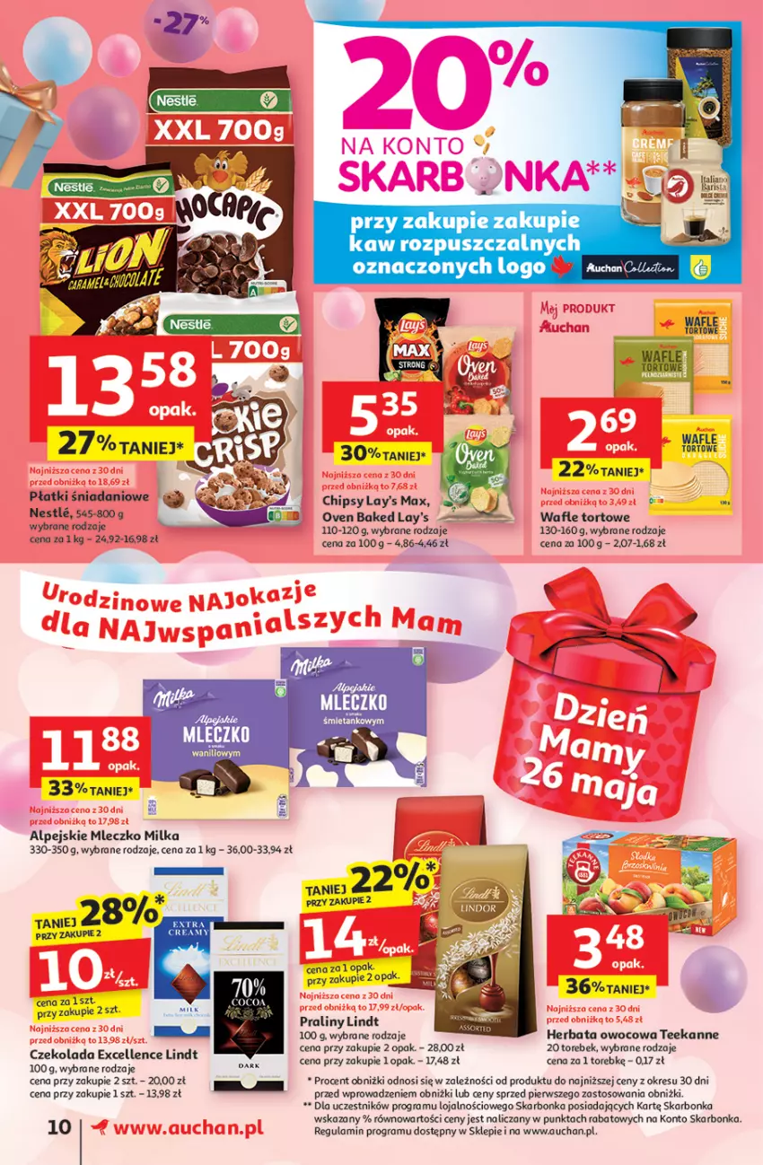 Gazetka promocyjna Auchan - Te URODZINY są NAJ Supermarket - ważna 15.05 do 21.05.2025 - strona 12 - produkty: Chipsy, Czekolada, Danio, Gra, Herbata, Herbata owocowa, Lindt, Milka, Mleczko, Por, Praliny, Teekanne, Wafle, Wafle tortowe