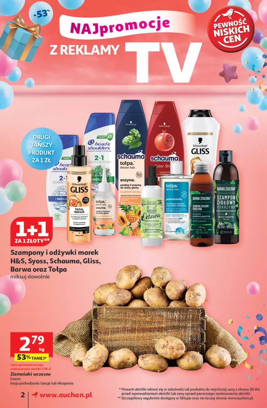 Gazetka promocyjna Auchan - Te URODZINY są NAJ Supermarket - ważna 15.05 do 21.05.2025 - strona 2 - produkty: Fa, Peeling, Schauma, Syoss, Szampon, Tołpa, Ziemniaki