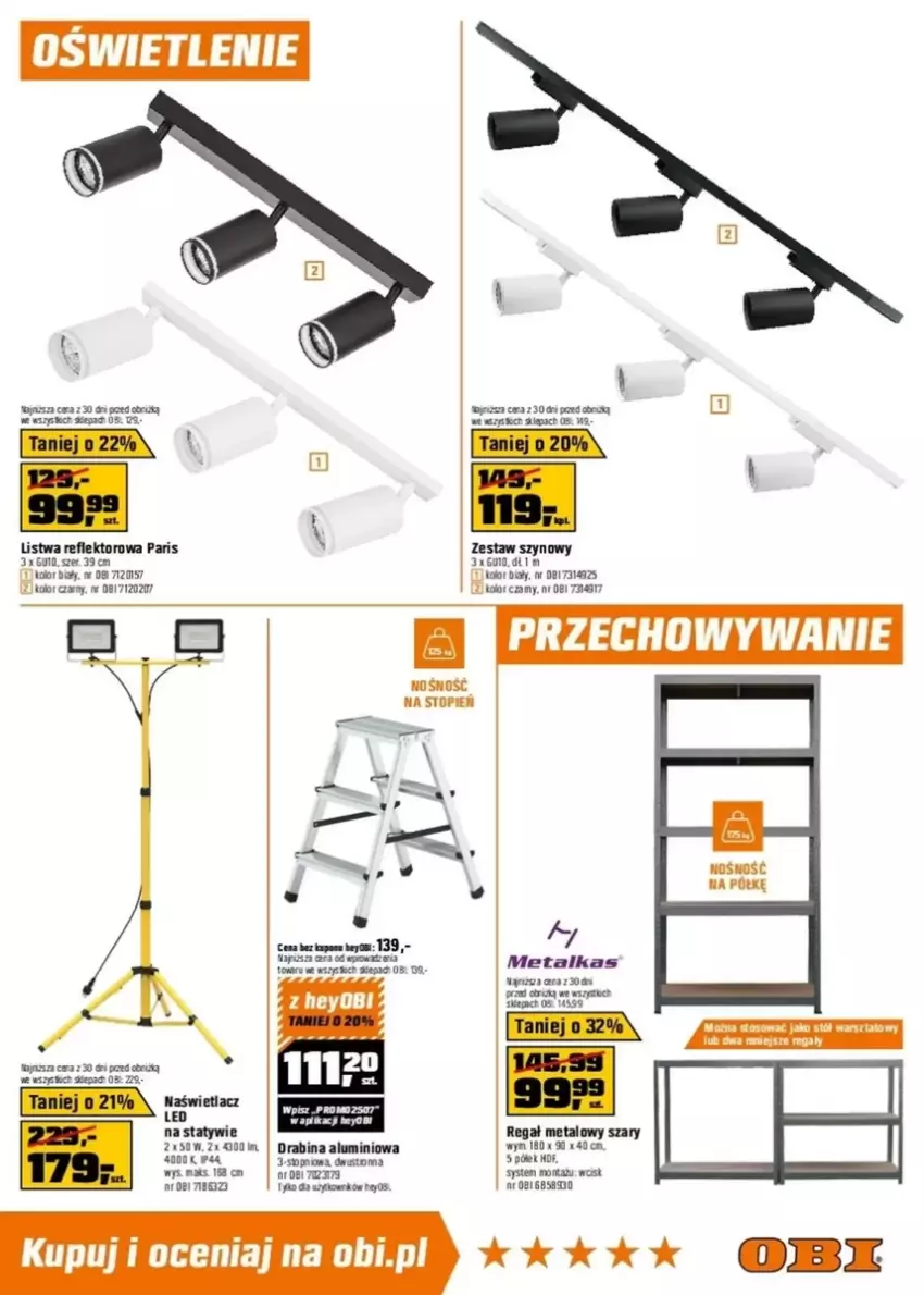 Gazetka promocyjna Obi - ważna 23.04 do 06.05.2025 - strona 5 - produkty: Drabina, Fa, Listwa, Mars, Naświetlacz, Naświetlacz LED, Obrus, Reflektor, Regał, Regał metalowy