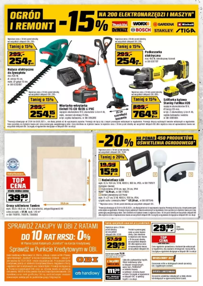 Gazetka promocyjna Obi - ważna 23.04 do 06.05.2025 - strona 8 - produkty: Akumulator, Bosch, Einhell, Fa, Gra, Gres, Gry, Kasza, Koc, Kosz, LEGO, Naświetlacz, Naświetlacz LED, Noż, Nożyce, Por, Szlifierka, Szlifierka kątowa, Tarka, Teleskop, Wkręt, Wkrętarka