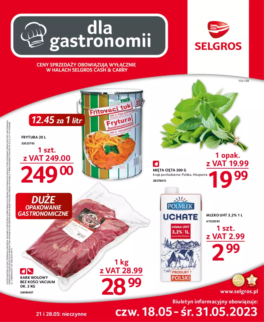 Gazetka promocyjna Selgros - Oferta gastronomiczna - ważna 18.05 do 31.05.2023 - strona 1 - produkty: Fa, Kark wołowy, LG, Mięta, Mleko, Tran