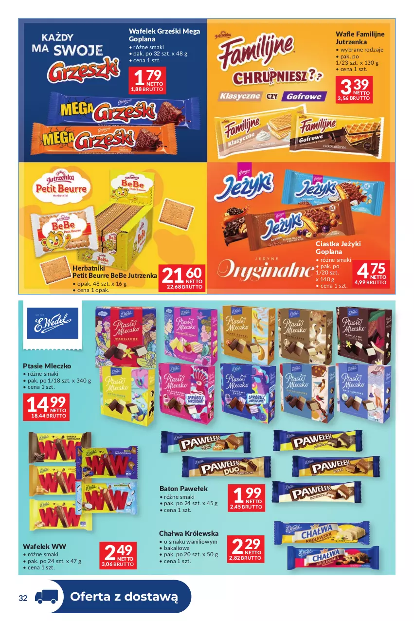 Gazetka promocyjna Makro - Dystrybucja do sklepów - ważna 04.08 do 31.08.2026 - strona 32 - produkty: Baton, Chałwa, Ciastka, Fa, Goplana, Grześki, Herbatniki, Herbatniki Petit Beurre, Jeżyki, Jutrzenka, LANA, Mleczko, Ptasie mleczko, Wafelek, Wafle