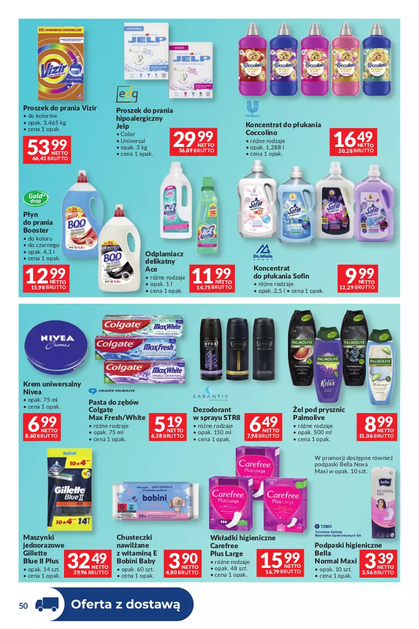 Gazetka promocyjna Makro - Dystrybucja do sklepów - ważna 04.08 do 31.08.2026 - strona 50 - produkty: Bell, Bella, Booster, Carefree, Chusteczki, Coccolino, Colgate, Dezodorant, Gillette, Krem uniwersalny, LG, Nivea, Odplamiacz, Palmolive, Pasta do zębów, Płyn do prania, Podpaski, Proszek do prania, Str8, Vizir, Wkładki
