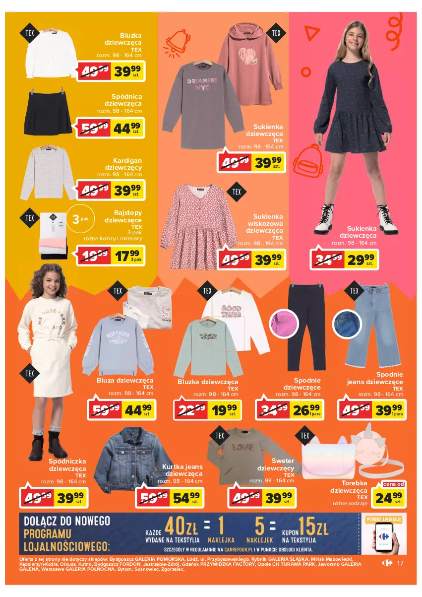 Gazetka promocyjna Carrefour - Gazetka Szkoła bycia sobą część 2 - ważna 23.08 do 10.09.2022 - strona 17 - produkty: Bluza, Fa, Kardigan, Kurtka, Rajstopy, Sos, Spódnica, Spodnie, Spodnie jeans, Sukienka, Sweter, Top, Torebka