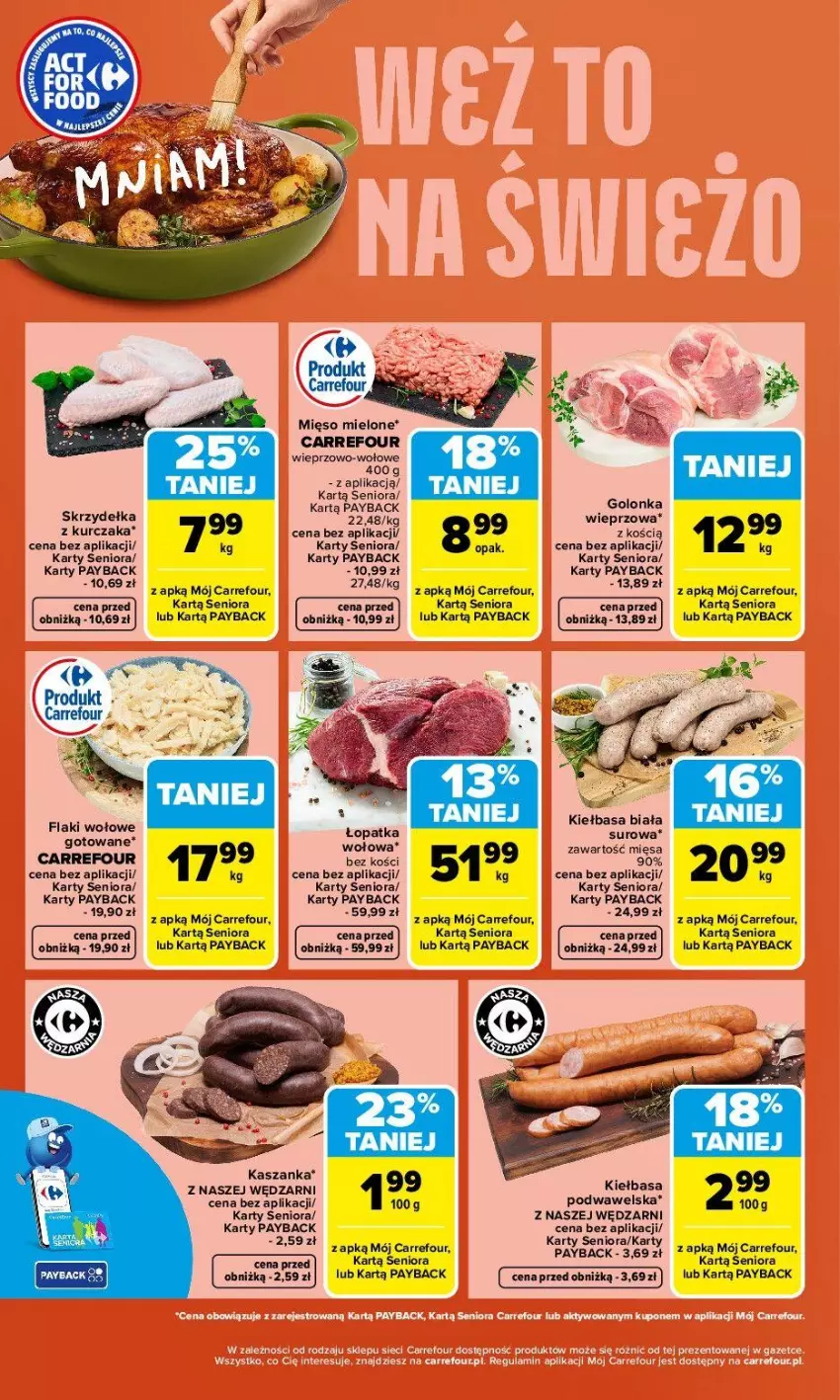 Gazetka promocyjna Carrefour - Gazetka Weźto na świeżo - ważna 27.04 do 02.05.2026 - strona 2 - produkty: Fa, Flaki, Flaki wołowe, Golonka wieprzowa, Kasza, Kaszanka, Kiełbasa, Kiełbasa biała, Kiełbasa podwawelska, Kurczak, Mięso, Mięso mielone, Skrzydełka z kurczaka, Wawel