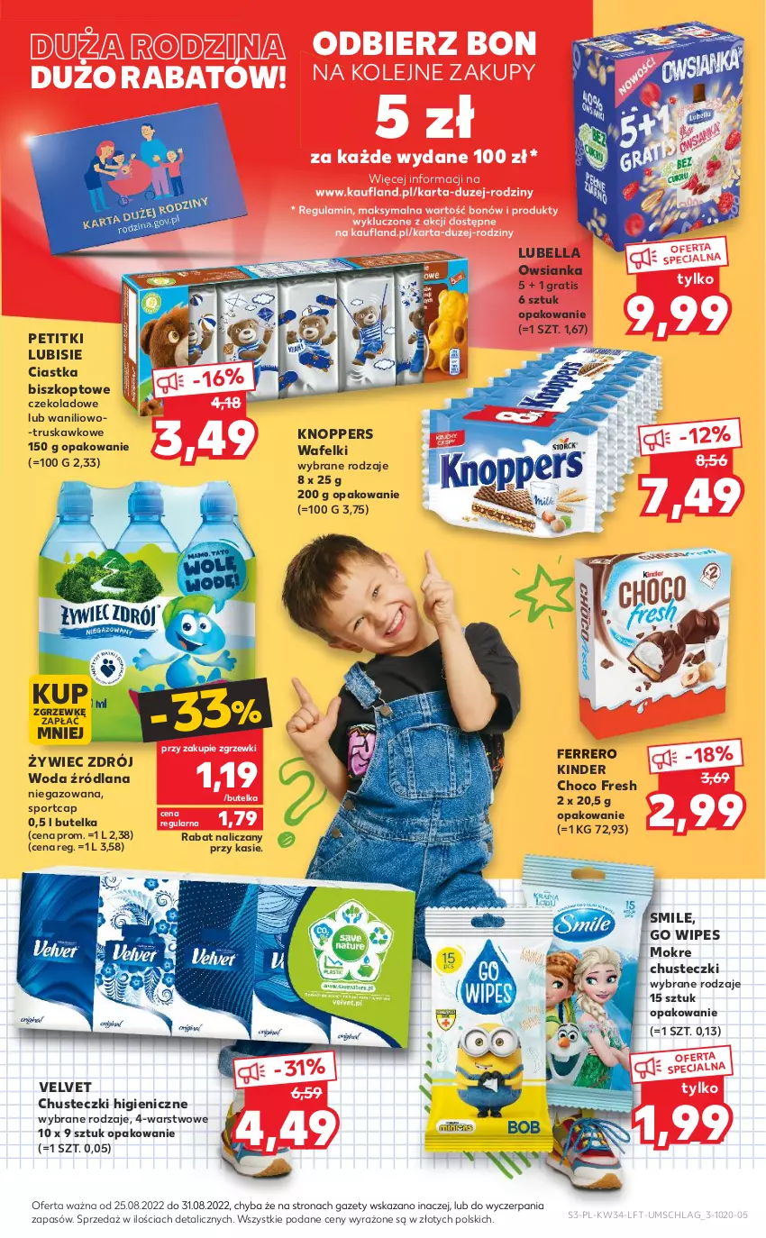 Gazetka promocyjna Kaufland - OFERTA TYGODNIA - ważna 25.08 do 31.08.2022 - strona 3 - produkty: Bell, Bella, Chusteczki, Ciastka, Ferrero, Gra, Kinder, Knoppers, LANA, Lubella, Lubisie, Olej, Owsianka, Por, Sport, Velvet, Woda