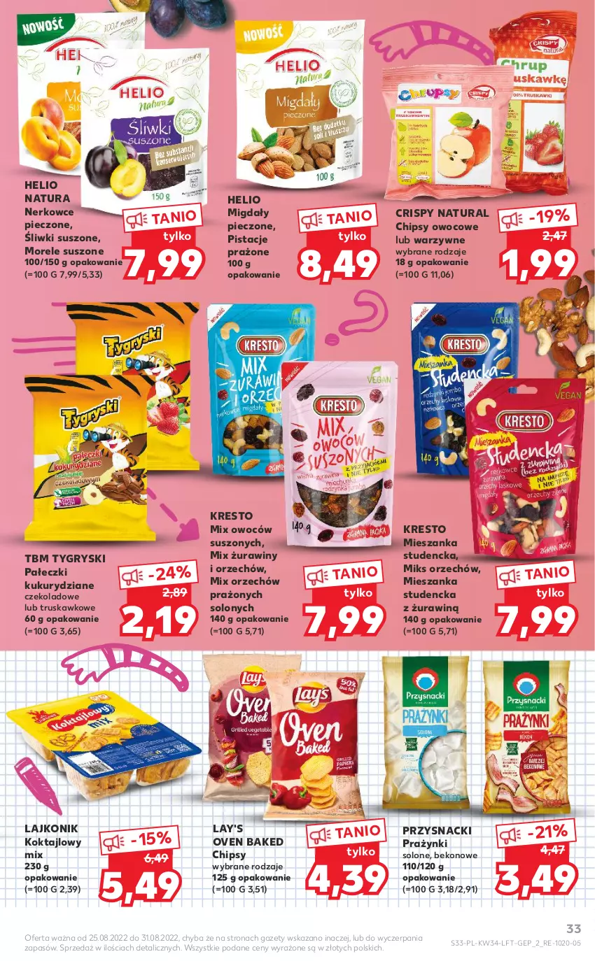 Gazetka promocyjna Kaufland - OFERTA TYGODNIA - ważna 25.08 do 31.08.2022 - strona 33 - produkty: Beko, Chipsy, Gry, Helio, Lajkonik, Mieszanka studencka, Migdały, Piec, Pistacje, Przysnacki