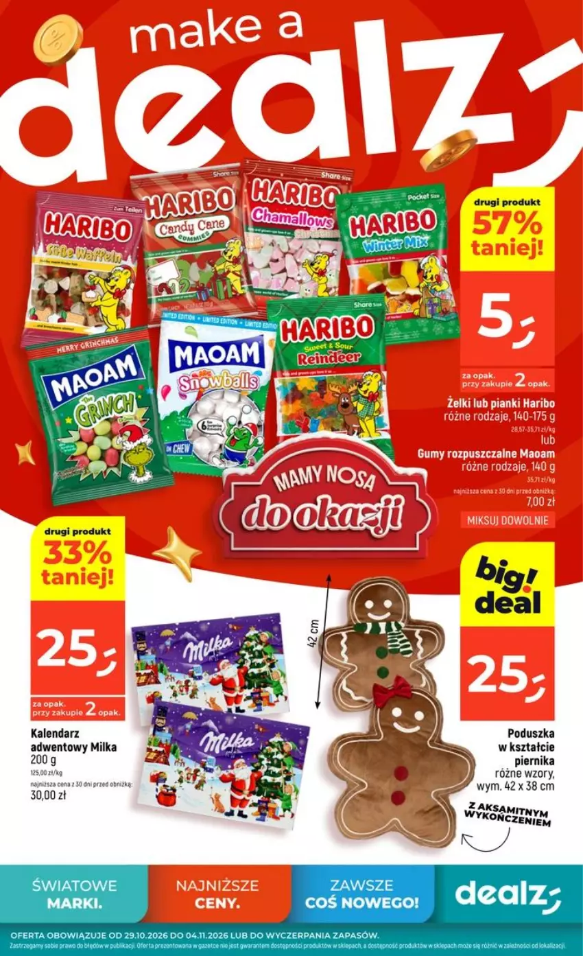 Gazetka promocyjna Dealz - NOWA GAZETKA - ważna 29.10 do 04.11.2026 - strona 1 - produkty: Haribo, Kalendarz, Kalendarz adwentowy, Milka, Piernik, Poduszka