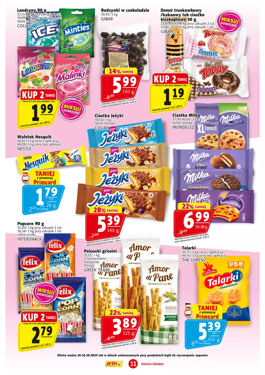 Gazetka promocyjna Prim Market - ważna 03.10 do 09.10.2024 - strona 11 - produkty: Ciastka, Donut, Grissini, Jeżyki, Kakao, Lorenz, Milka, Nesquik, Pizza, Popcorn, Rodzynki, Wafelek