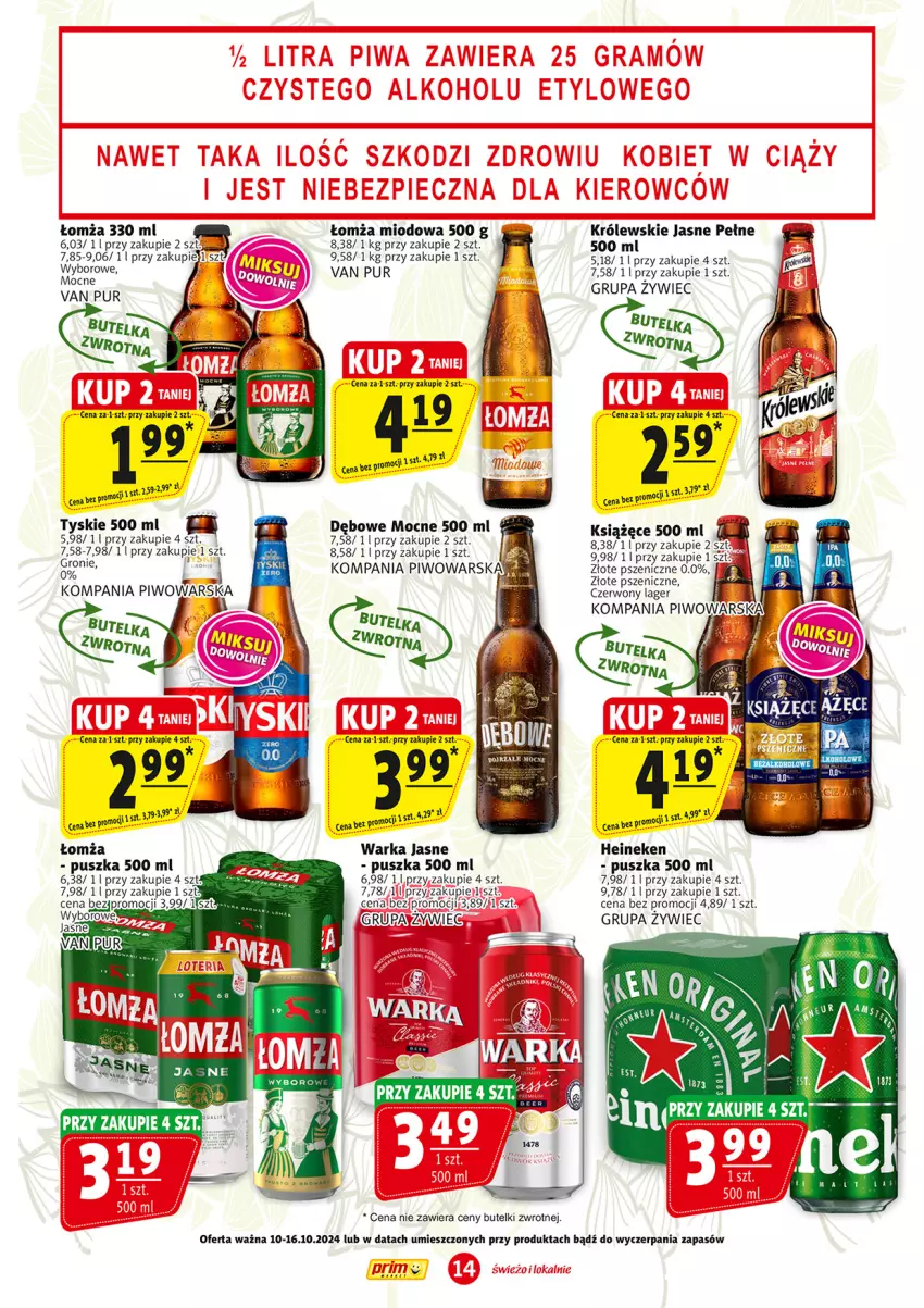 Gazetka promocyjna Prim Market - ważna 03.10 do 09.10.2024 - strona 14 - produkty: Heineken, Królewski, Książęce, Piwo, Pur, Tyskie, Warka