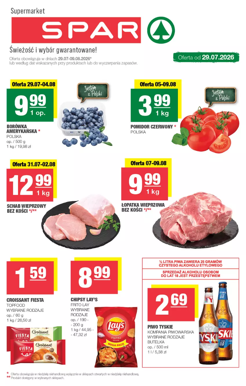 Gazetka promocyjna Spar - Spar - ważna 29.07 do 09.08.2026 - strona 1 - produkty: Borówka, Chipsy, Croissant, Piwo, Schab wieprzowy, Top, Tyskie