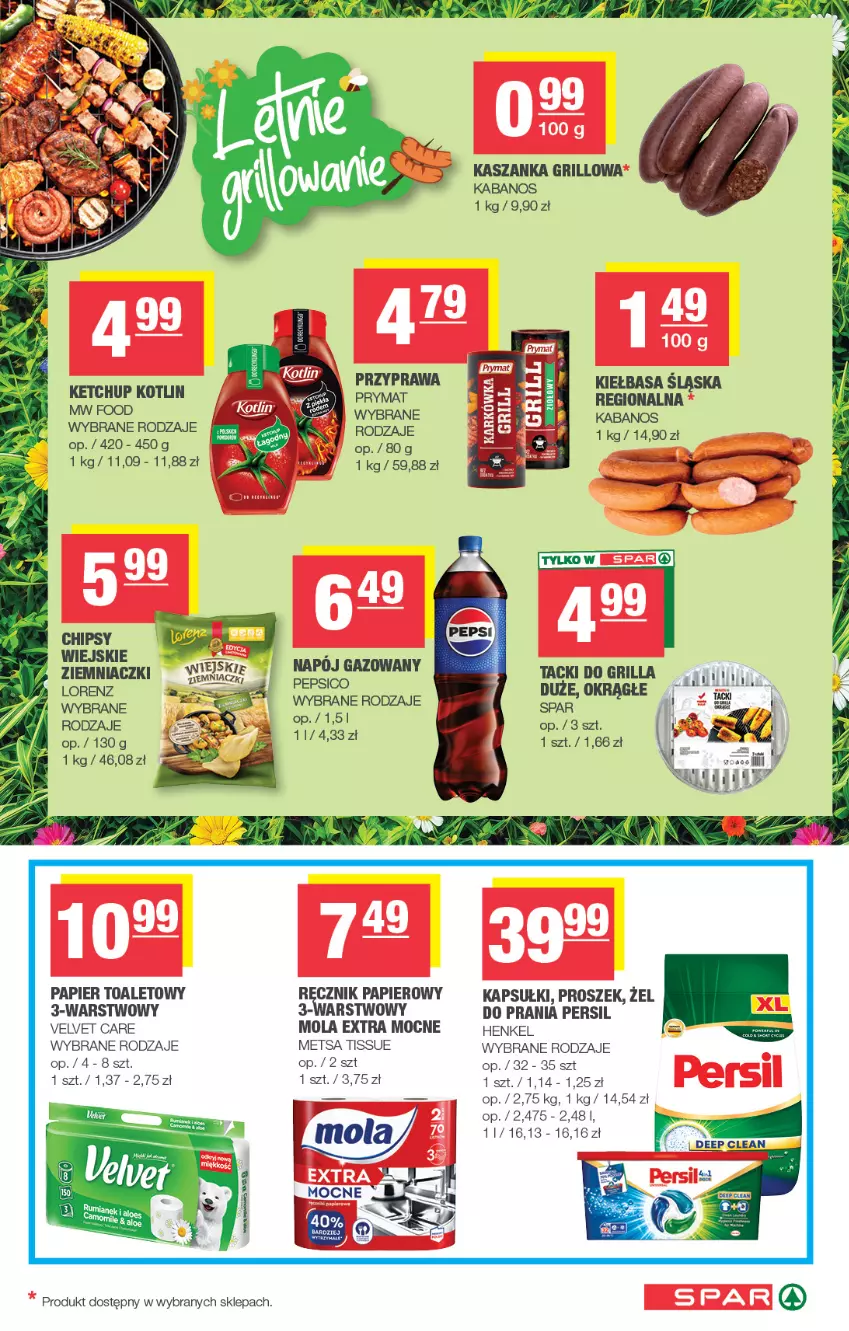 Gazetka promocyjna Spar - Spar - ważna 29.07 do 09.08.2026 - strona 7 - produkty: Chipsy, Grill, Kabanos, Ketchup, Kiełbasa, Kotlin, Lorenz, Mola, Papier, Papier toaletowy, Pepsi, Persil, Prymat, Ręcznik, Velvet