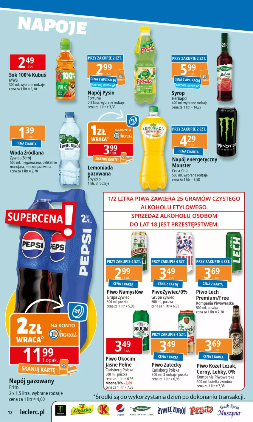 Gazetka promocyjna E Leclerc - ważna 17.02 do 24.02.2025 - strona 12 - produkty: Carlsberg, Coca-Cola, Fortuna, Gin, Gra, Herbapol, Koc, Kozel, Kubuś, LANA, Lemoniada, Mus, Namysłów, Napój, Napój energetyczny, Napój gazowany, Okocim, Pepsi, Piwa, Piwo, Sok, Syrop, Szyna, Tran, Woda