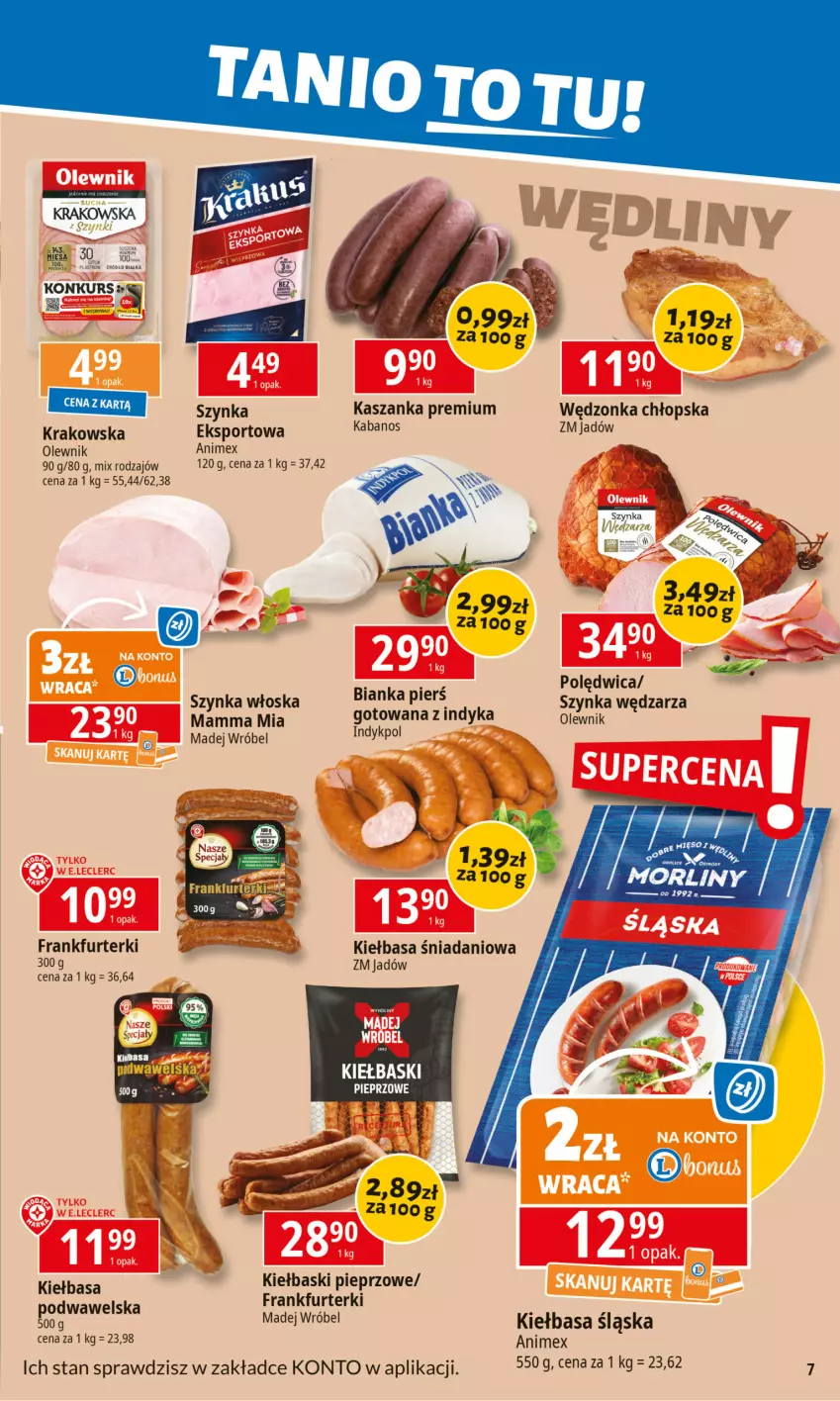 Gazetka promocyjna E Leclerc - ważna 17.02 do 24.02.2025 - strona 7 - produkty: Bianka, Danio, Frankfurterki, Kabanos, Kasza, Kaszanka, Kiełbasa, Kiełbasa śląska, Madej Wróbel, Olewnik, Por, Sport, Szynka, Wawel