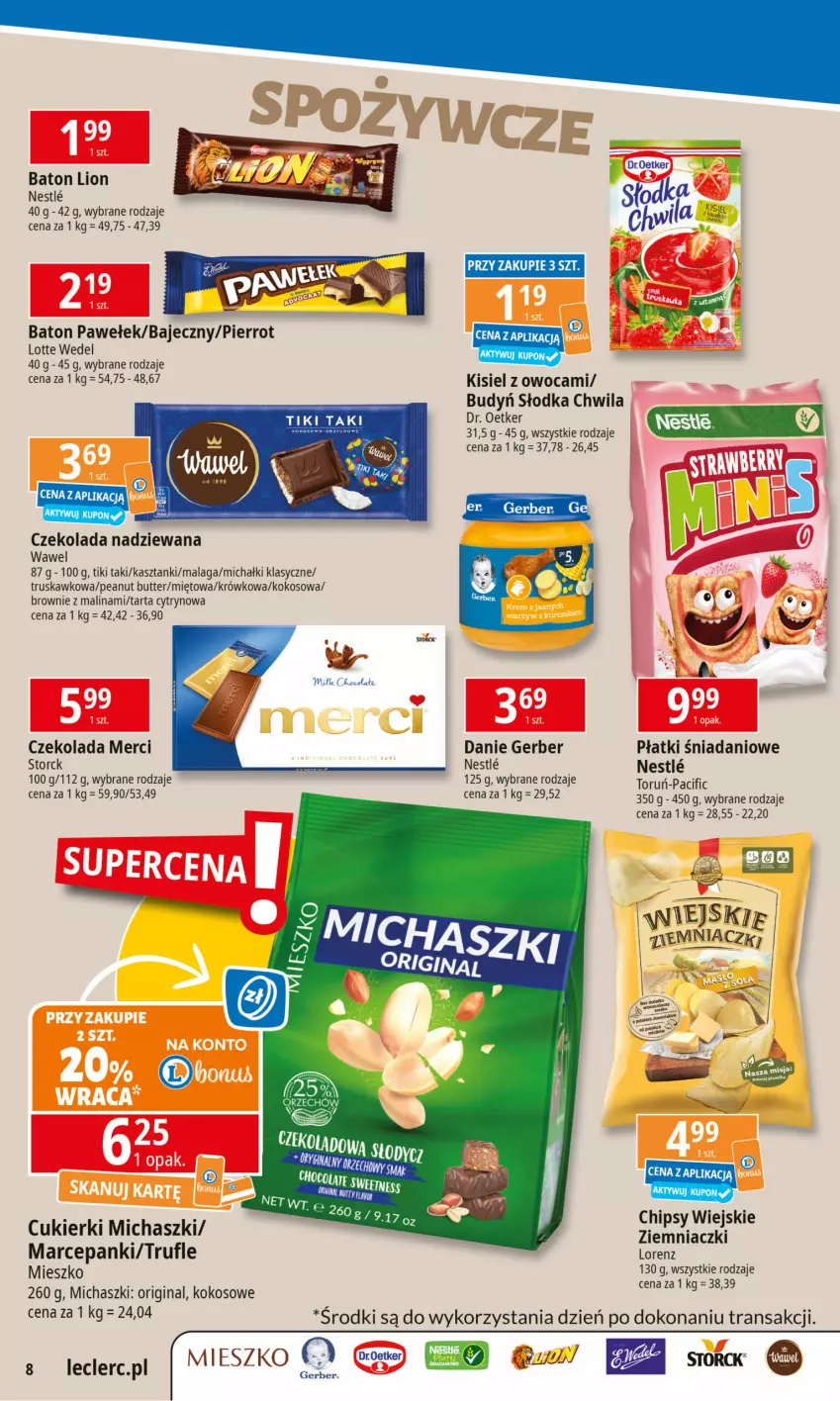 Gazetka promocyjna E Leclerc - ważna 17.02 do 24.02.2025 - strona 8 - produkty: Baton, Brownie, Budyń, Chipsy, Cif, Cukier, Cukierki, Czekolada, Czekolada nadziewana, Danio, Dr. Oetker, Gerber, Gin, Kisiel, Kokos, Lion, Lorenz, Merci, Michałki, Słodka Chwila, Tarta, Tran, Wawel