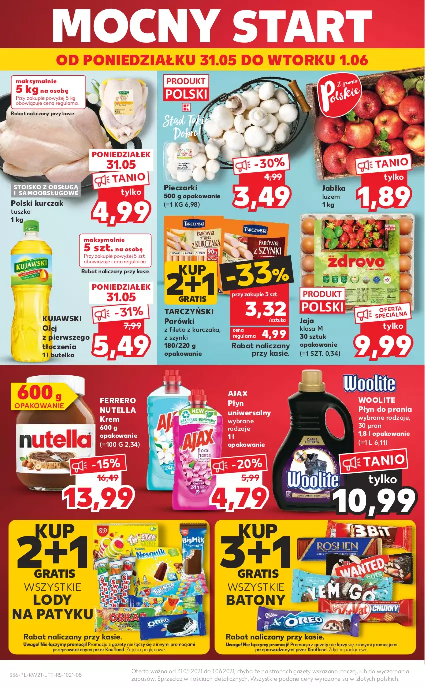 Gazetka promocyjna Kaufland - OFERTA TYGODNIA - ważna 27.05 do 01.06.2021 - strona 56 - produkty: Ajax, Baton, Ferrero, Gra, Jabłka, Jaja, Kujawski, Kurczak, Lody, Nutella, Olej, Parówki, Piec, Płyn do prania, Tarczyński, Tusz, Waga, Woolite