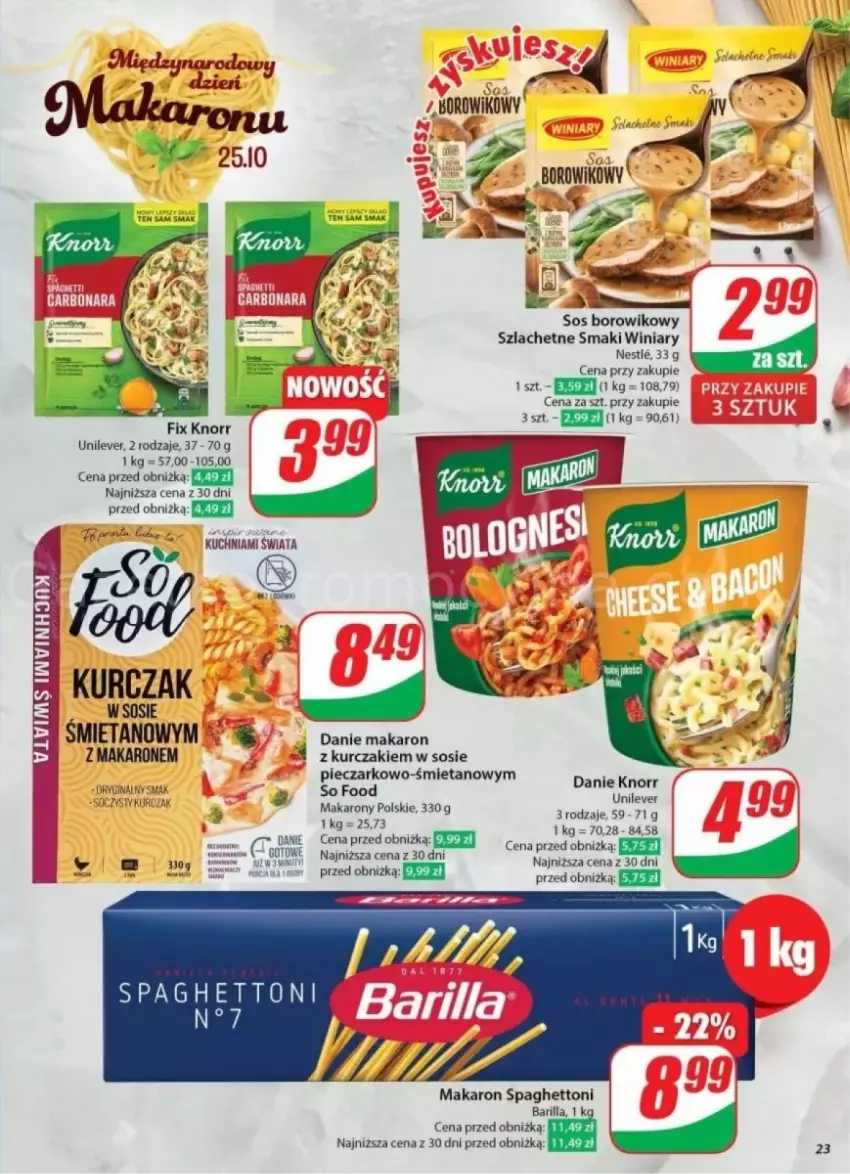 Gazetka promocyjna Dino - ważna 23.10 do 29.10.2024 - strona 16 - produkty: Barilla, BIC, Gin, Knorr, Kuchnia, Kurczak, Makaron, Por, Sos, Winiary