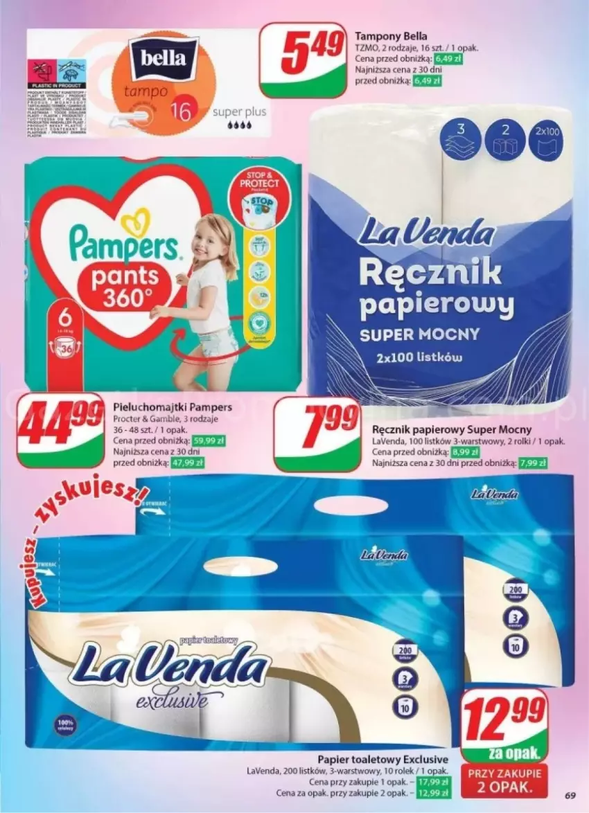 Gazetka promocyjna Dino - ważna 23.10 do 29.10.2024 - strona 66 - produkty: Bell, Bella, Majtki, Pampers, Papier, Papier toaletowy, Pieluchomajtki, Ręcznik, Rolki, Tampony