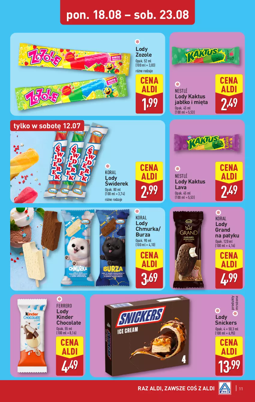 Gazetka promocyjna Aldi - Pełna oferta - ważna 18.08 do 23.08.2025 - strona 11 - produkty: Ferrero, Gra, Kaktus, Kinder, Lody, Mięta, Nestlé, Produkty mrożone, Snickers