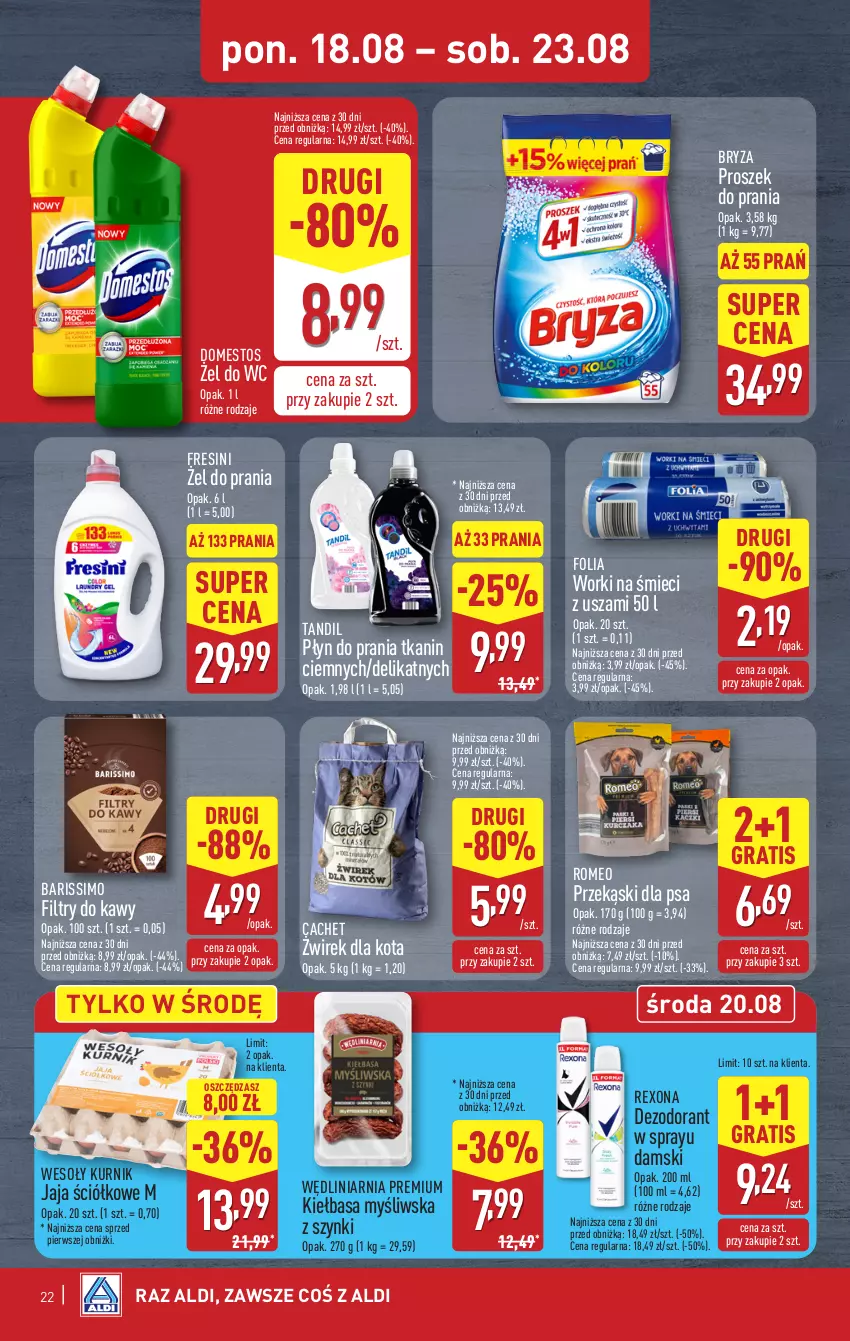 Gazetka promocyjna Aldi - Pełna oferta - ważna 18.08 do 23.08.2025 - strona 22 - produkty: Bryza, Dezodorant, Domestos, Gra, Jaja, Kiełbasa, Płyn do prania, Proszek do prania, Przekąski dla psa, Rexona, Worki na śmiec, Worki na śmieci