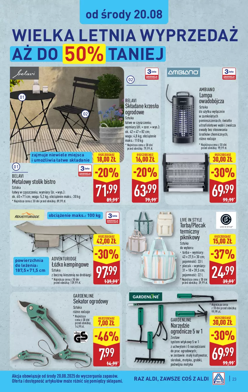 Gazetka promocyjna Aldi - Pełna oferta - ważna 18.08 do 23.08.2025 - strona 23 - produkty: Gra, Krzesło, Krzesło ogrodowe, Lampa, Plecak, Sekator, Stolik, Torba, Waga