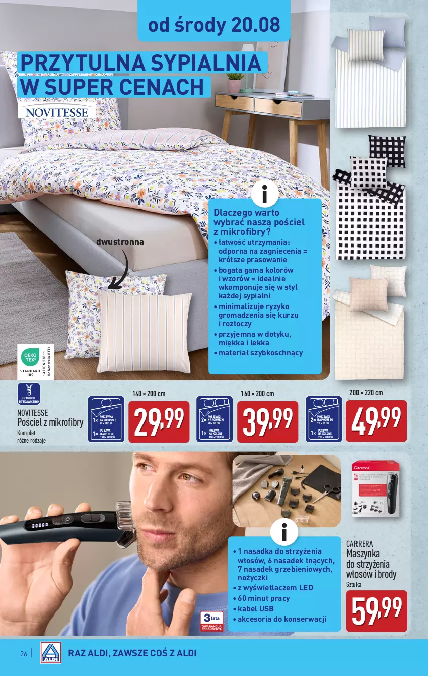 Gazetka promocyjna Aldi - Pełna oferta - ważna 18.08 do 23.08.2025 - strona 26 - produkty: Carrera, Kabel USB, Maszynka, Noż, Nożyczki, Por, Pościel, Poszewka, Ser, Sypialnia, Szynka