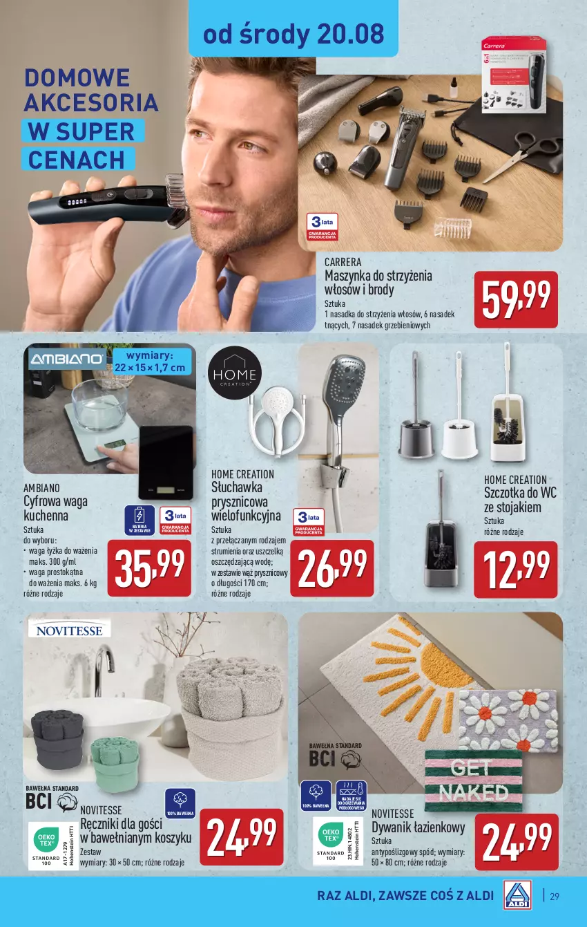 Gazetka promocyjna Aldi - Pełna oferta - ważna 18.08 do 23.08.2025 - strona 29 - produkty: Bateria, Carrera, Dywan, Dywanik, Dywanik łazienkowy, Kosz, Maszynka, Ręcznik, Rum, Słuchawka prysznicowa, Stojak, Szczotka, Szczotka do WC, Szynka, Waga, Wełna