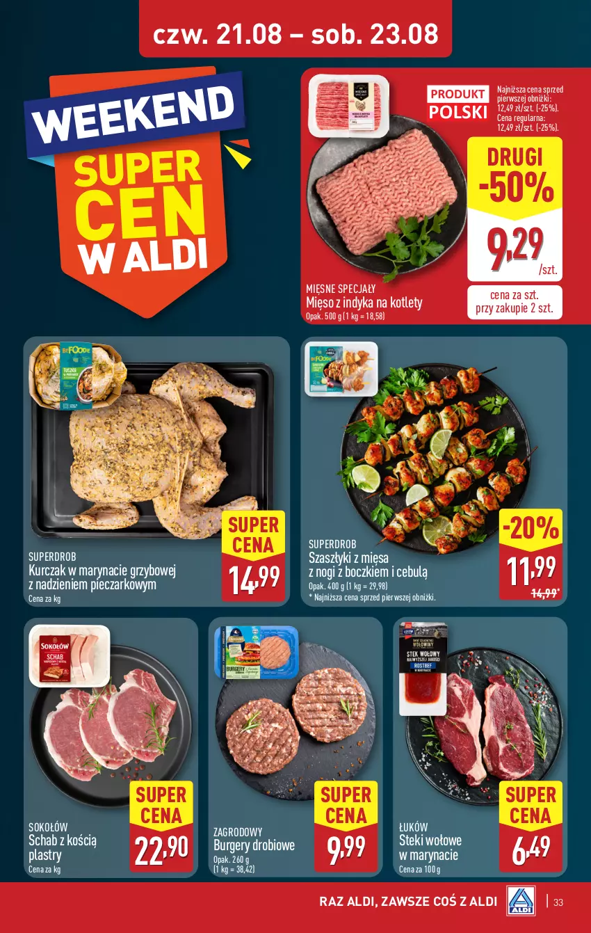 Gazetka promocyjna Aldi - Pełna oferta - ważna 18.08 do 23.08.2025 - strona 33 - produkty: Burger, Kotlet, Kurczak, Mięsne specjały, Mięso, Mięso z indyka, Piec, Sok, Sokołów, Stek