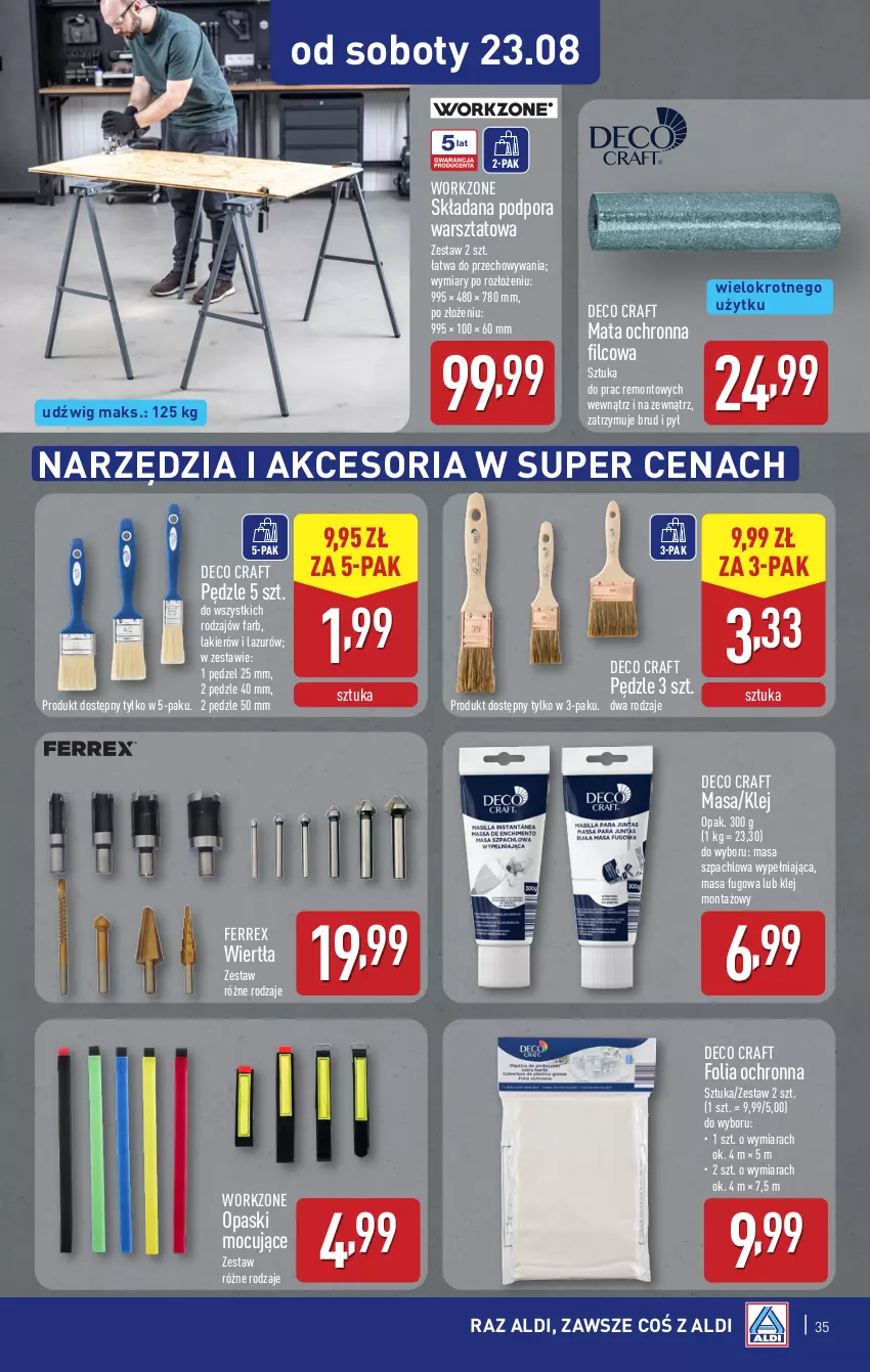 Gazetka promocyjna Aldi - Pełna oferta - ważna 18.08 do 23.08.2025 - strona 35 - produkty: Dźwig, Fa, Klej, Lakier, Lazur, Masa szpachlowa, Mata ochronna, Por