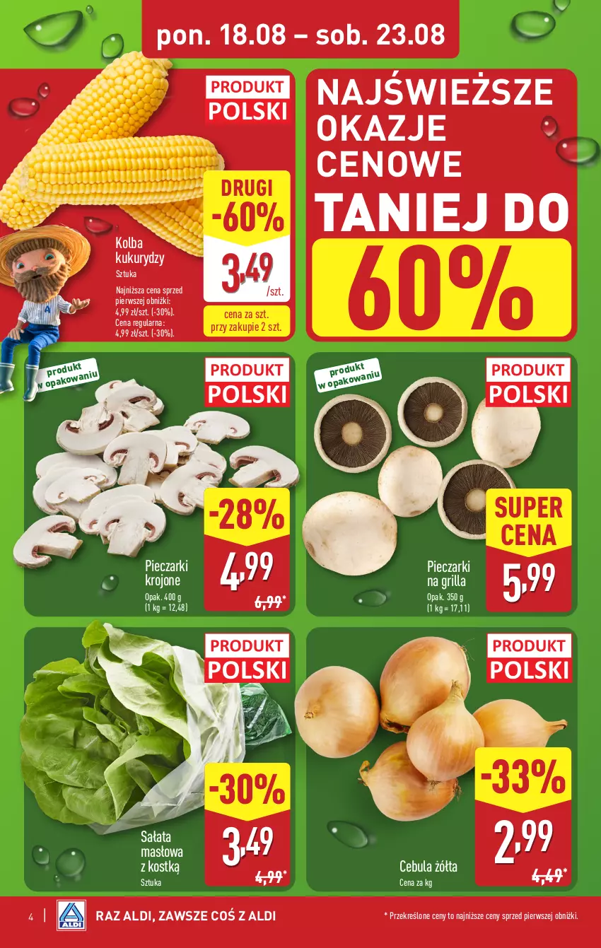 Gazetka promocyjna Aldi - Pełna oferta - ważna 18.08 do 23.08.2025 - strona 4 - produkty: Cebula, Grill, Masło, Piec, Pieczarki krojone, Sałat, Sałata masłowa
