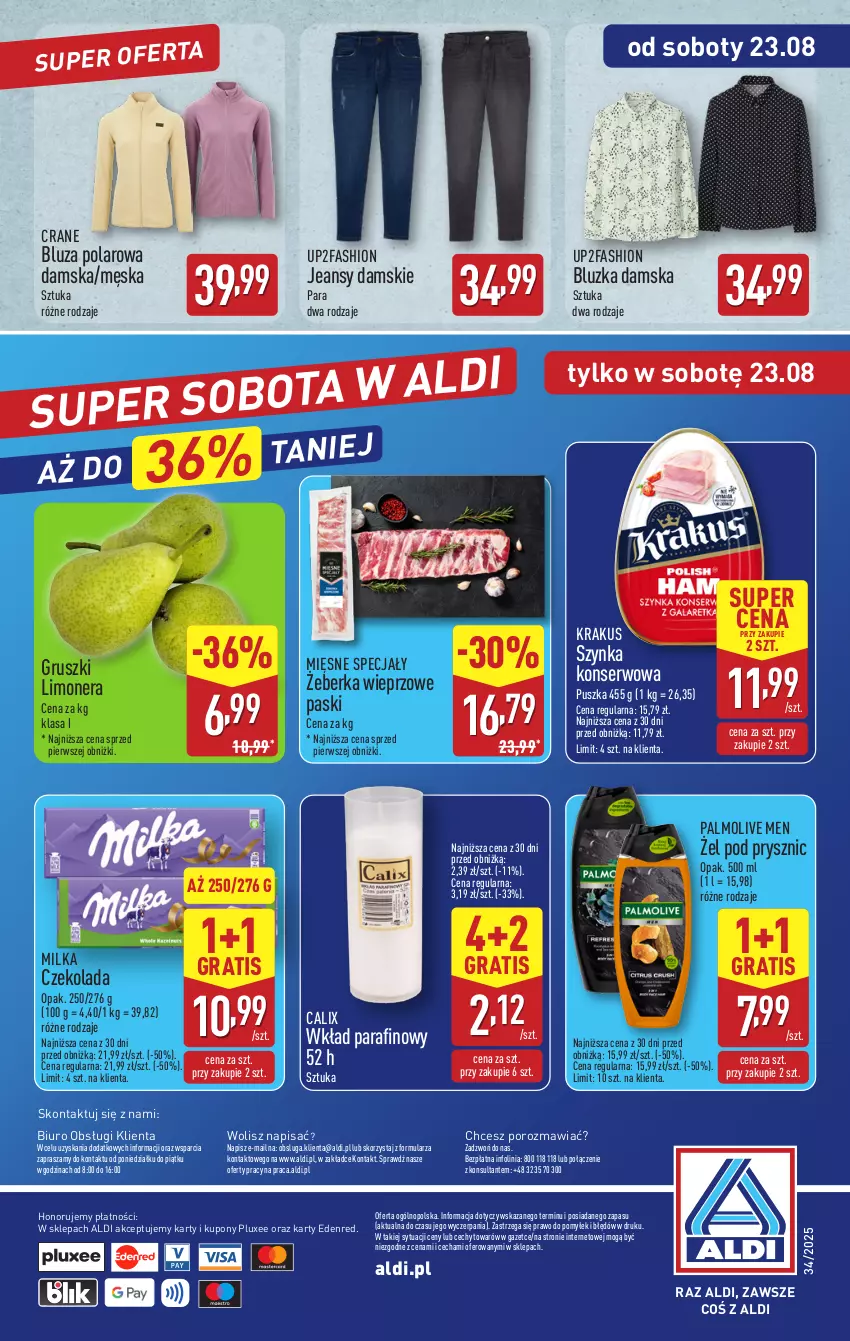 Gazetka promocyjna Aldi - Pełna oferta - ważna 18.08 do 23.08.2025 - strona 40 - produkty: Biuro, Bluza, Bluza polarowa, Czekolada, Fa, Gra, Gruszki, Krakus, Mięsne specjały, Milka, O nas, Palmolive, Por, Ser, Szynka, Szynka konserwowa