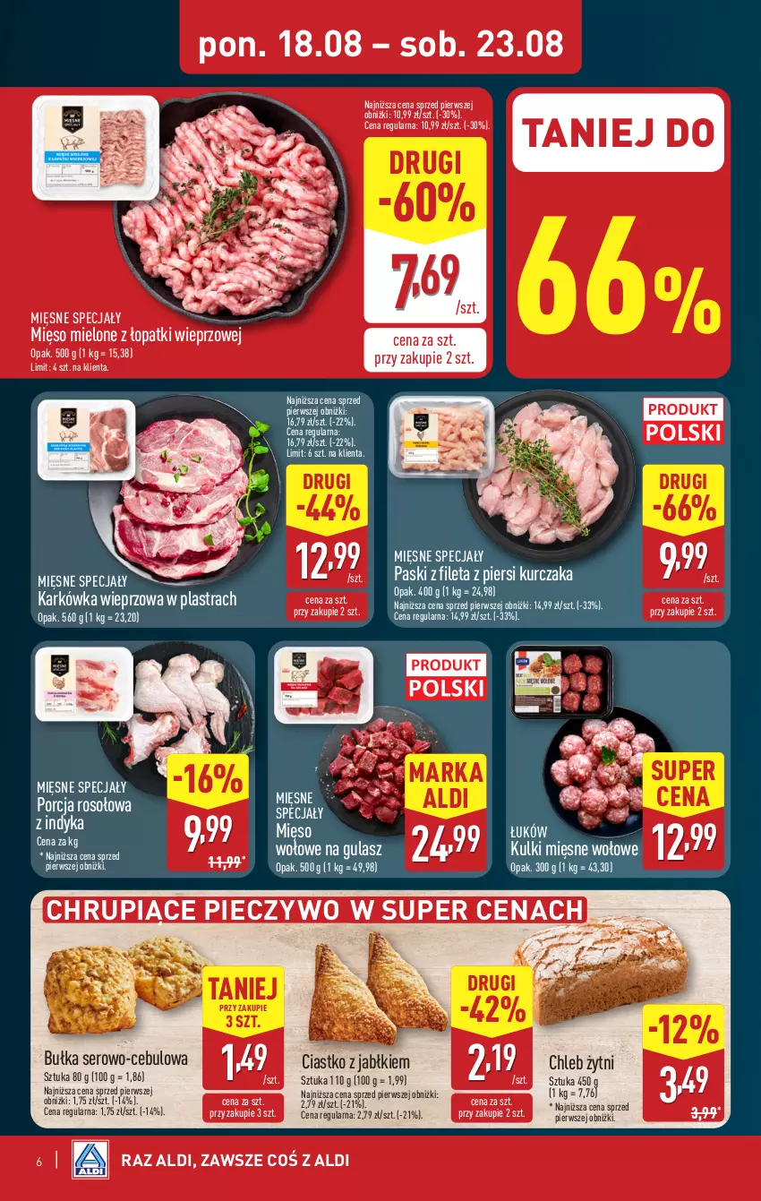 Gazetka promocyjna Aldi - Pełna oferta - ważna 18.08 do 23.08.2025 - strona 6 - produkty: Bułka, Chleb, Karkówka wieprzowa, Kurczak, Mięsne specjały, Mięso, Mięso mielone, Mięso mielone z łopatki wieprzowej, Mięso wołowe, Piec, Pieczywo, Por, Ser