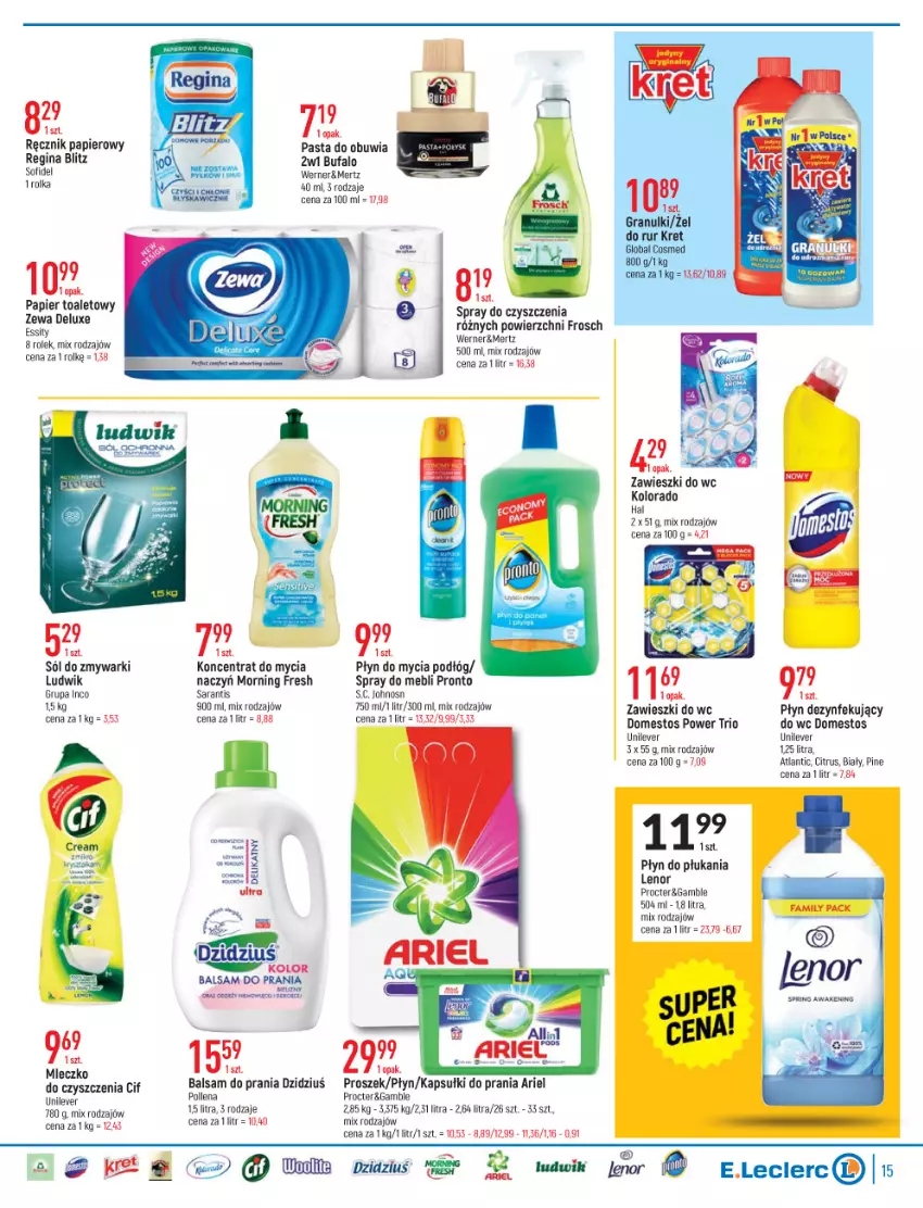 Gazetka promocyjna E Leclerc - ważna 02.11 do 13.11.2021 - strona 15 - produkty: Ariel, Balsam do prania, Cif, Domestos, Fa, Frosch, Gin, Gra, Kapsułki do prania, Kolorado, Kret, Lenor, Ludwik, Mleczko, Papier, Płyn do mycia, Płyn do mycia podłóg, Płyn do płukania, Pronto, Ręcznik, Sól, Spray do czyszczenia, Zawieszki, Zmywarki