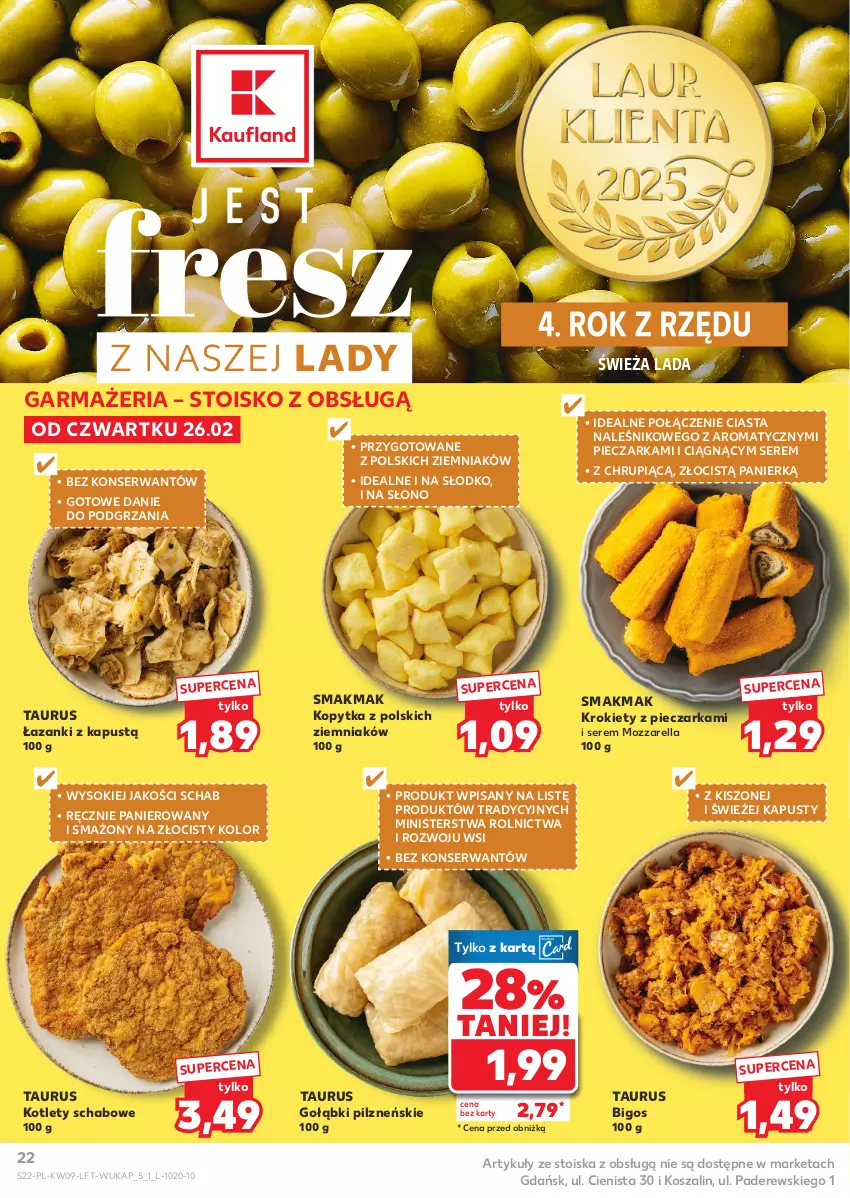 Gazetka promocyjna Kaufland - Gazetka tygodnia - ważna 26.02 do 04.03.2026 - strona 22 - produkty: Bigos, Kapustą, Kopytka, Kosz, Kotlet, Krokiety, Mozzarella, Piec, Pieczarka, Ser, Sok, Szal