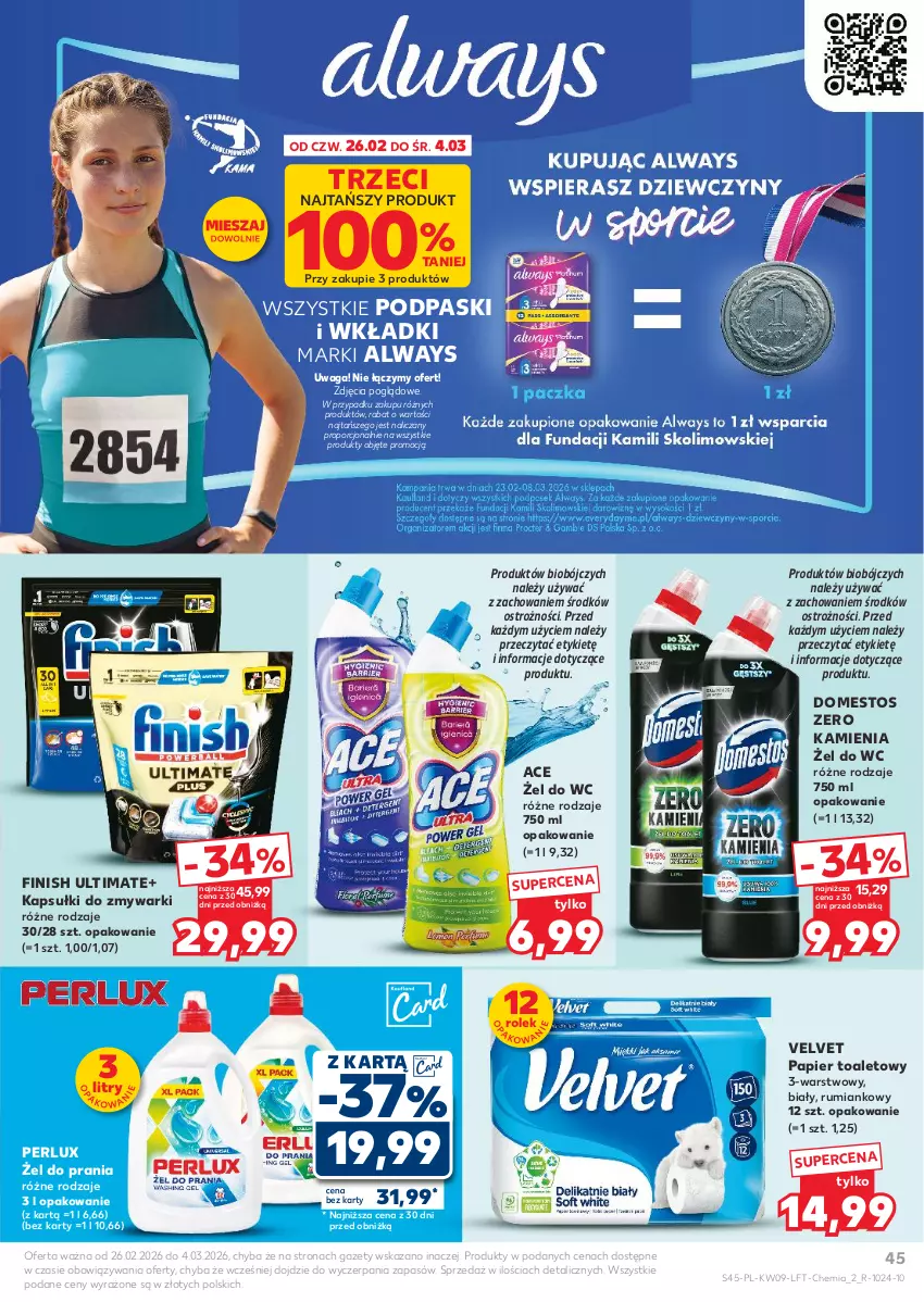 Gazetka promocyjna Kaufland - Gazetka tygodnia - ważna 26.02 do 04.03.2026 - strona 45 - produkty: Always, Domestos, Finish, Papier, Papier toaletowy, Podpaski, Por, Rum, Velvet, Waga, Wkładki, Zmywarki