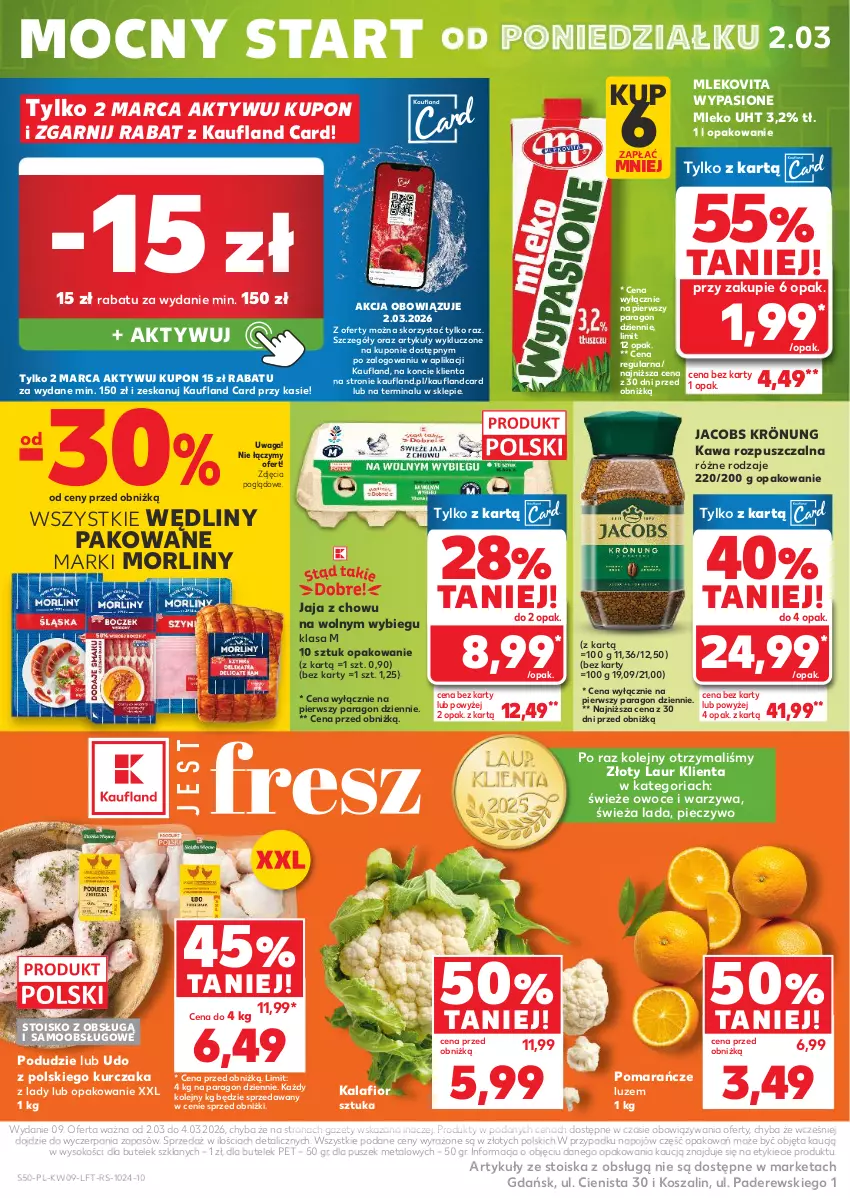 Gazetka promocyjna Kaufland - Gazetka tygodnia - ważna 26.02 do 04.03.2026 - strona 50 - produkty: Jacobs, Jacobs Krönung, Jaja, Kalafior, Kawa, Kawa rozpuszczalna, Kosz, Kurczak, Laur, Mleko, Mlekovita, Morliny, Olej, Owoce, Piec, Pieczywo, Pomarańcze, Sok, Szal, Waga, Warzywa