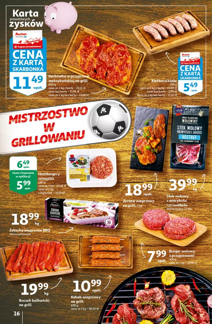 Gazetka promocyjna Auchan - Hiper Emocje Hipermarkety - ważna 17.06 do 23.06.2021 - strona 16 - produkty: Boczek, Burger, Gosh, Grill, Kiełbasa, Kiełbasa biała, Stek