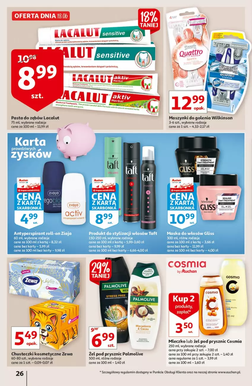 Gazetka promocyjna Auchan - Hiper Emocje Hipermarkety - ważna 17.06 do 23.06.2021 - strona 26 - produkty: Chusteczki, Chusteczki kosmetyczne, Lacalut, Mleczko, Palmolive, Pasta do zębów