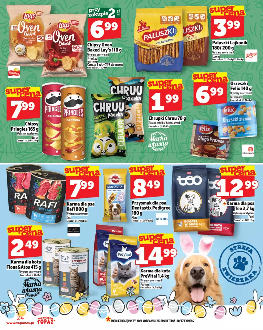 Gazetka promocyjna Topaz - Gazetka - ważna 10.04 do 16.04.2025 - strona 24 - produkty: Beko, Chipsy, Chrupki, Felix, Lajkonik, Lorenz, Mars, Mokra karma, Orzeszki, Pedigree, Por, Pringles, Top