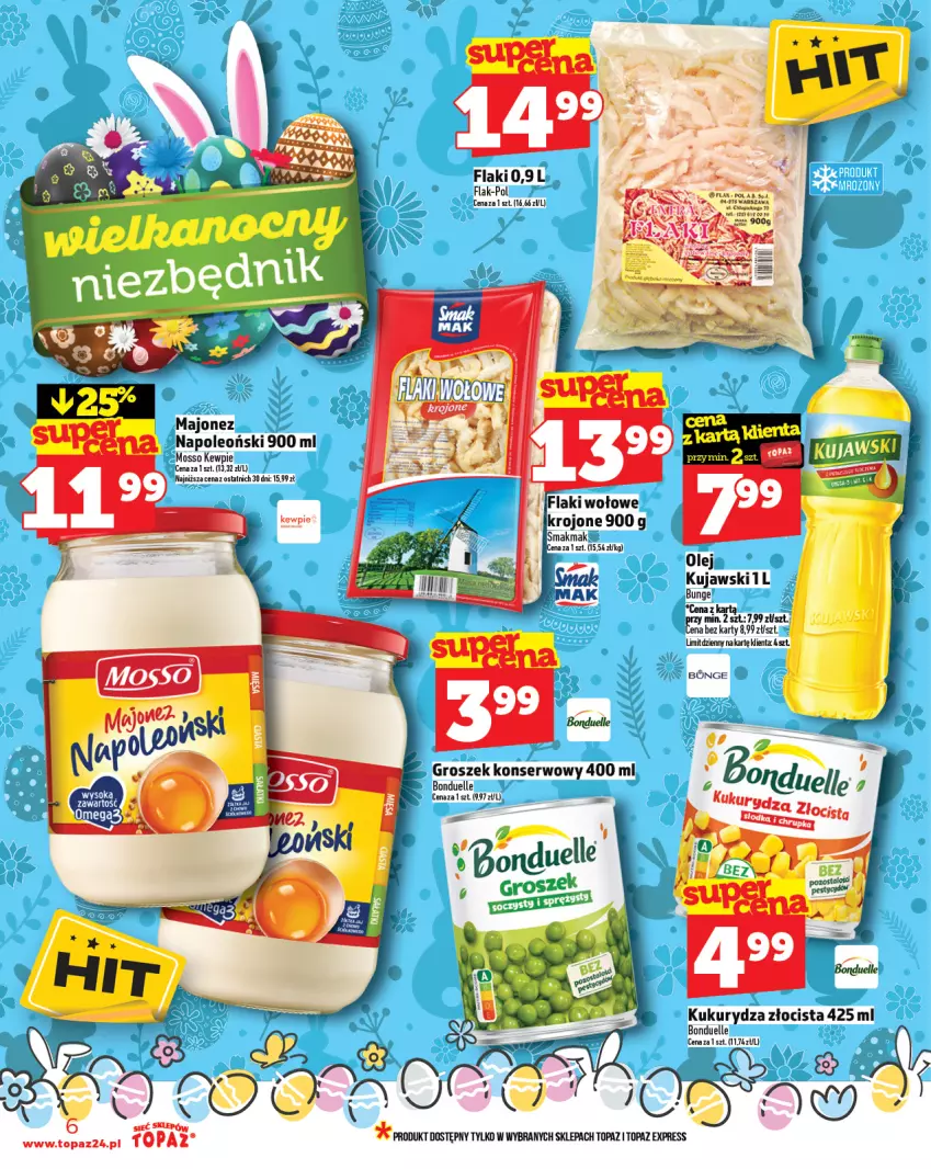 Gazetka promocyjna Topaz - Gazetka - ważna 10.04 do 16.04.2025 - strona 6 - produkty: Bonduelle, Flaki, Groszek, Kujawski, Kukurydza, Olej, Oleo, Ser, Sok, Top
