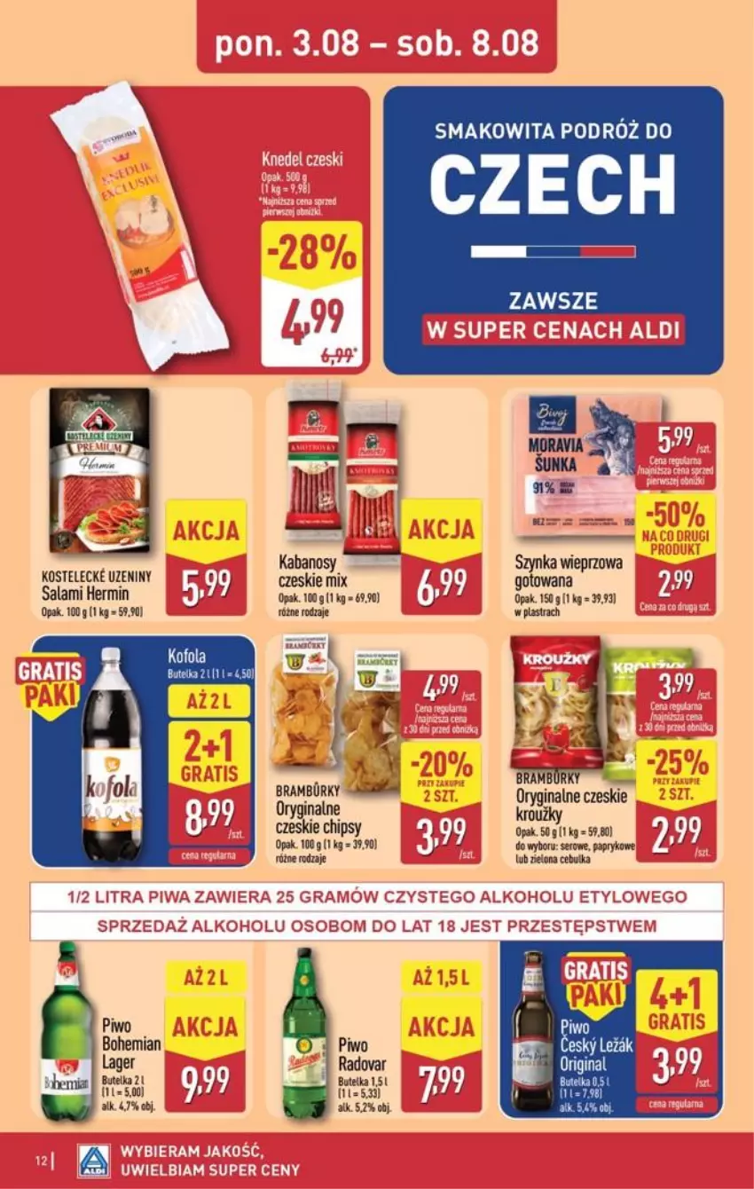 Gazetka promocyjna Aldi - Pełna oferta - ważna 03.08 do 08.08.2026 - strona 12 - produkty: Chipsy, Gin, Kabanos, Olej, Piwo, Ser, Smakowita, Szynka, Szynka wieprzowa