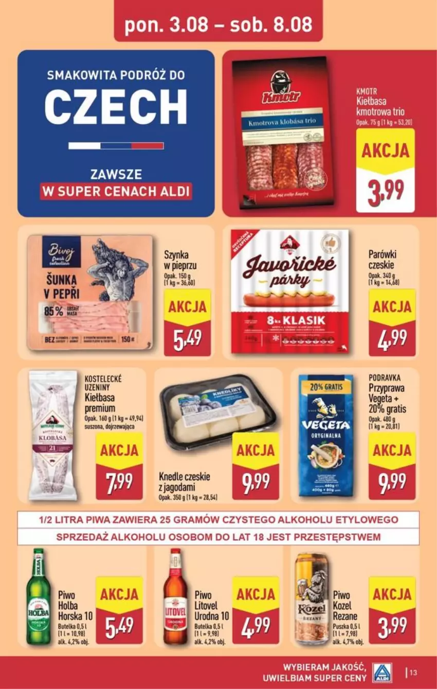 Gazetka promocyjna Aldi - Pełna oferta - ważna 03.08 do 08.08.2026 - strona 13 - produkty: Gin, Gra, Kiełbasa, Knedle, Kozel, Parówki, Pieprz, Piwa, Piwo, Podravka, Smakowita, Szynka, Vegeta