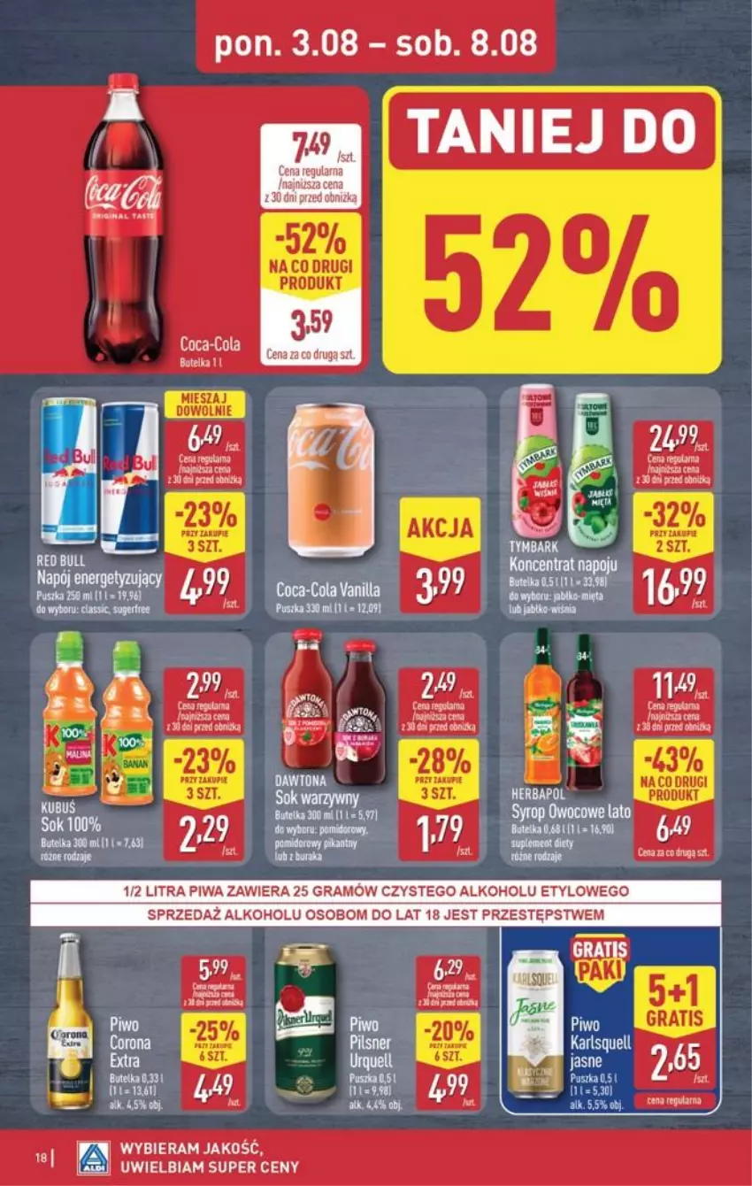 Gazetka promocyjna Aldi - Pełna oferta - ważna 03.08 do 08.08.2026 - strona 18 - produkty: Coca-Cola, Fa, Gra, Piwa, Sok, Syrop
