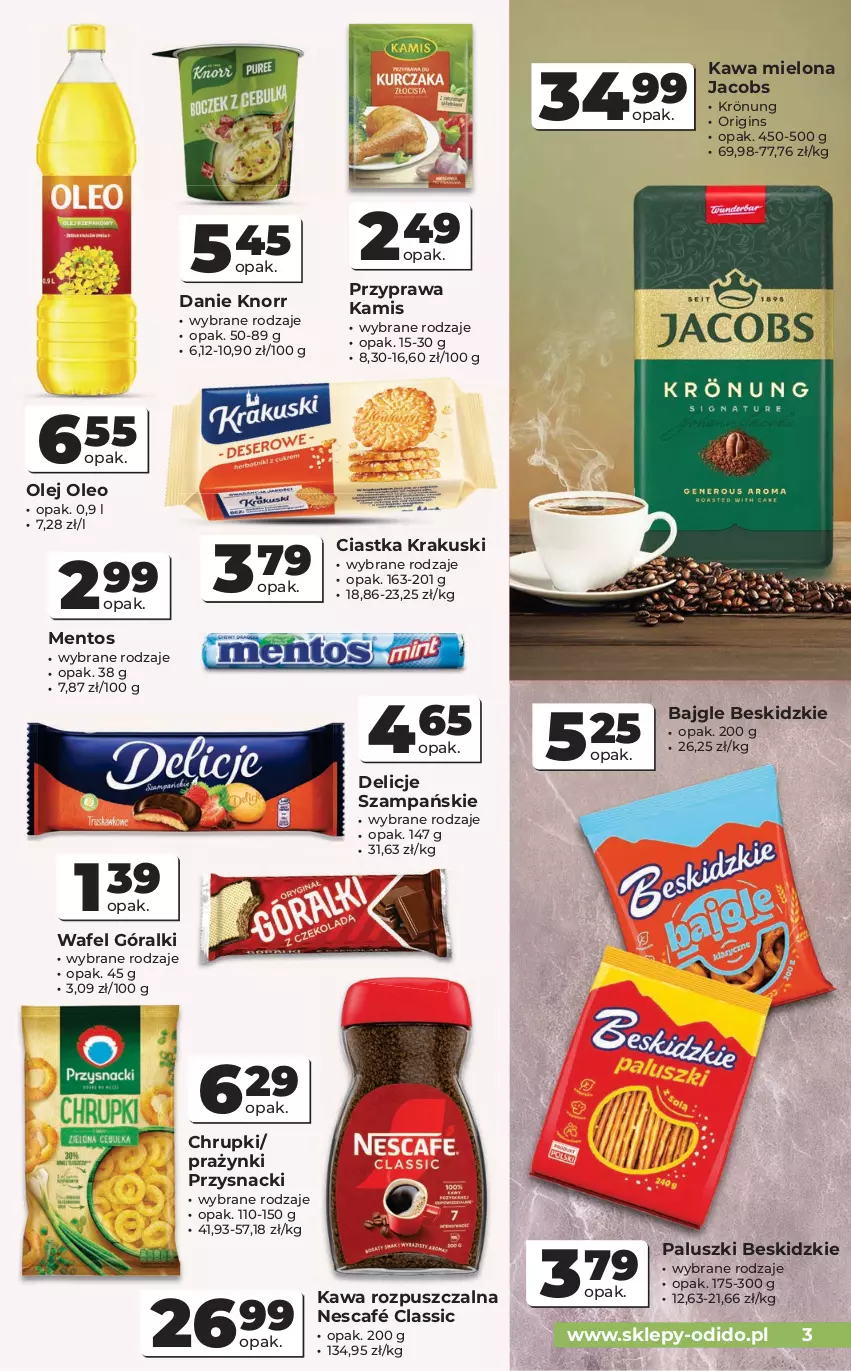 Gazetka promocyjna Odido - Gazetka Odido - ważna 14.10 do 27.10.2026 - strona 3 - produkty: Bajgle, Beskidzki, Chrupki, Ciastka, Delicje, Gin, Góralki, Jacobs, Kamis, Kawa, Kawa mielona, Kawa rozpuszczalna, Knorr, Krakus, Krakuski, Mentos, Nescafé, Olej, Oleo, Przysnacki
