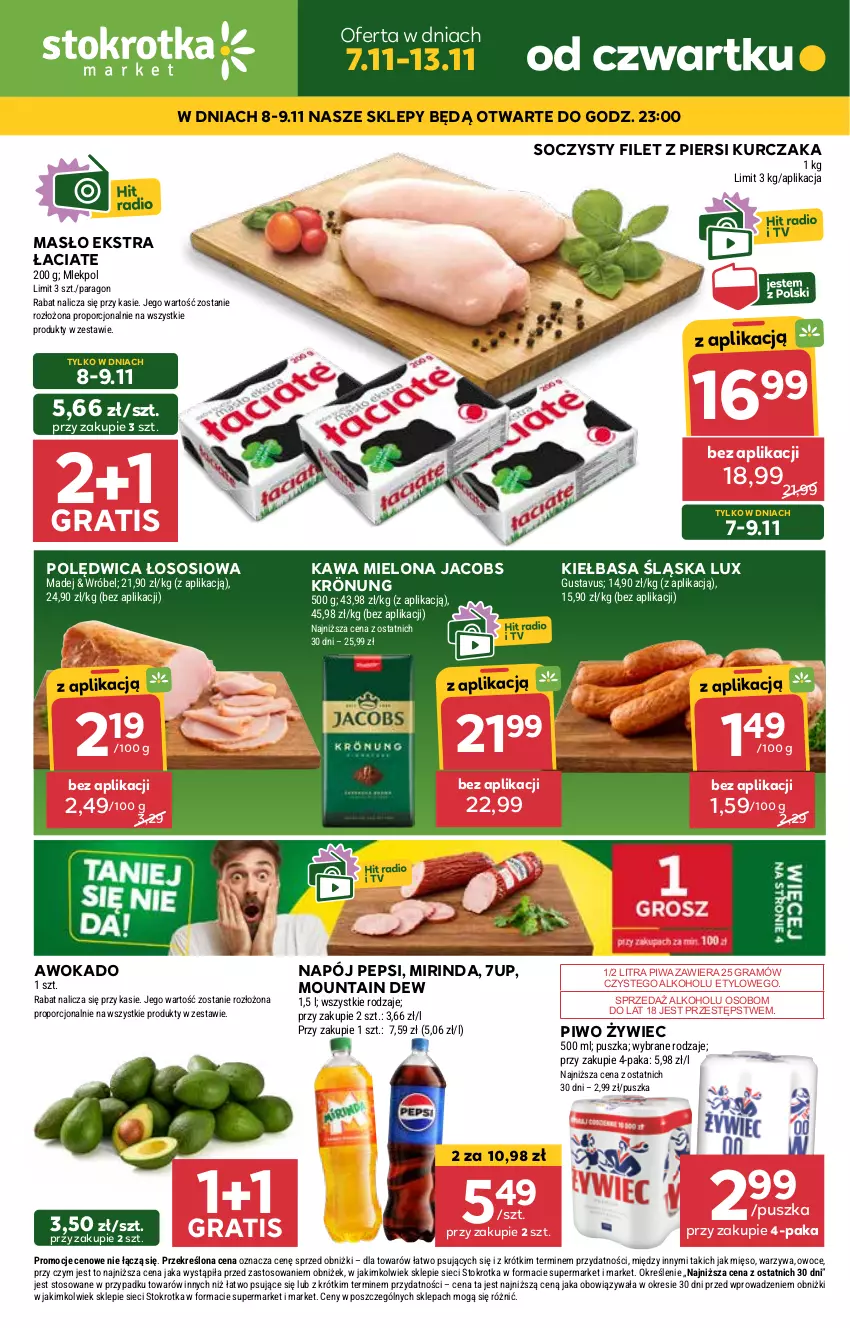 Gazetka promocyjna Stokrotka - Market Opole/Radom - ważna 07.11 do 13.11.2024 - strona 1 - produkty: 7up, Filet z piersi kurczaka, Gra, Jacobs, Jacobs Krönung, Kawa, Kawa mielona, Kiełbasa, Kiełbasa śląska, Kurczak, Masło, Mięso, Mirinda, Napój, Owoce, Pepsi, Piwa, Piwo, Polędwica, Por, Sos, Warzywa